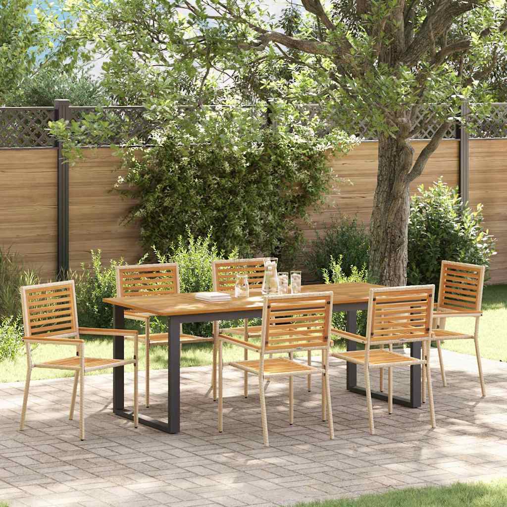 7 Piece Garden Dining Set Beige Poly Rattan Acacia - Merlin Deals