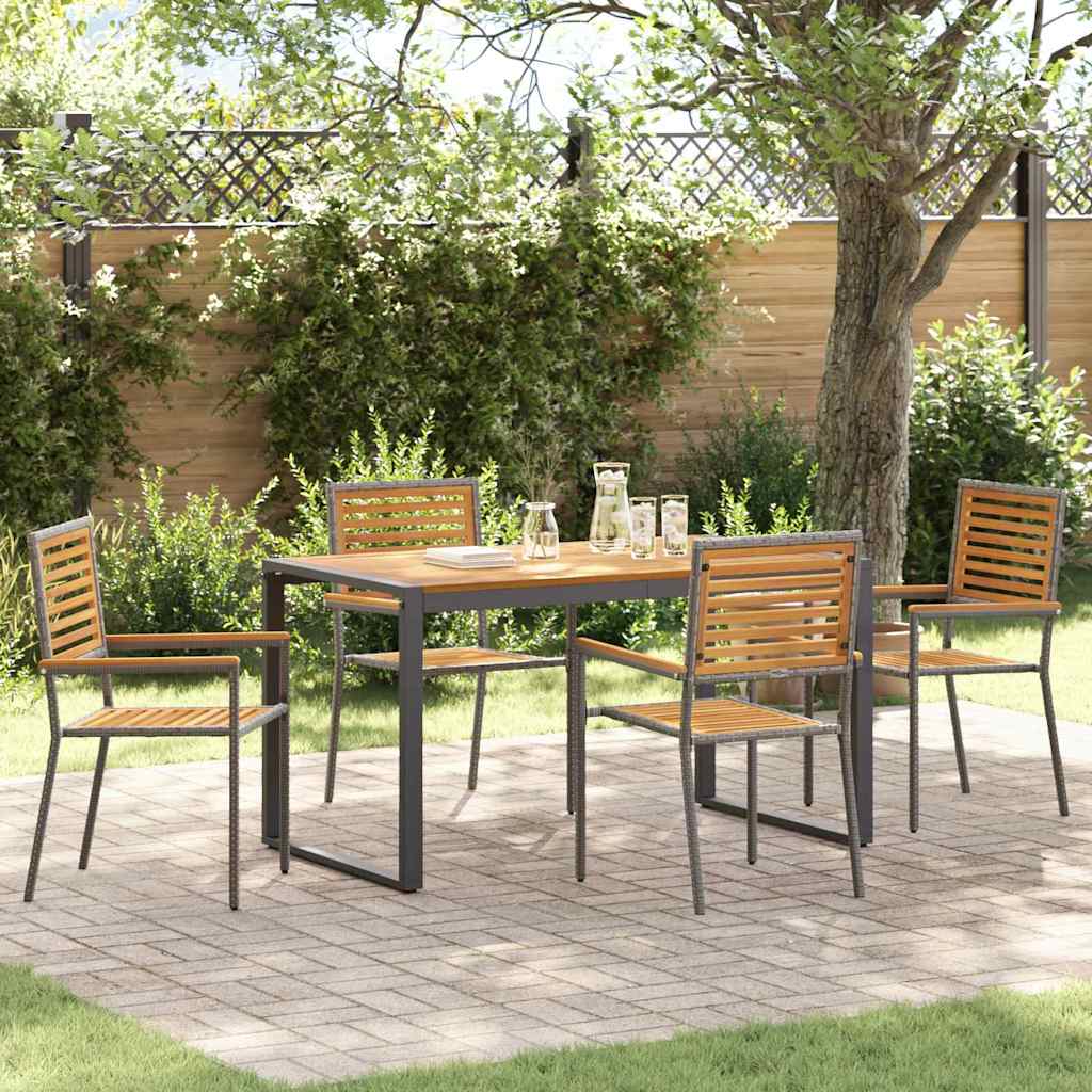 5 Piece Garden Dining Set Grey Poly Rattan Acacia - Merlin Deals