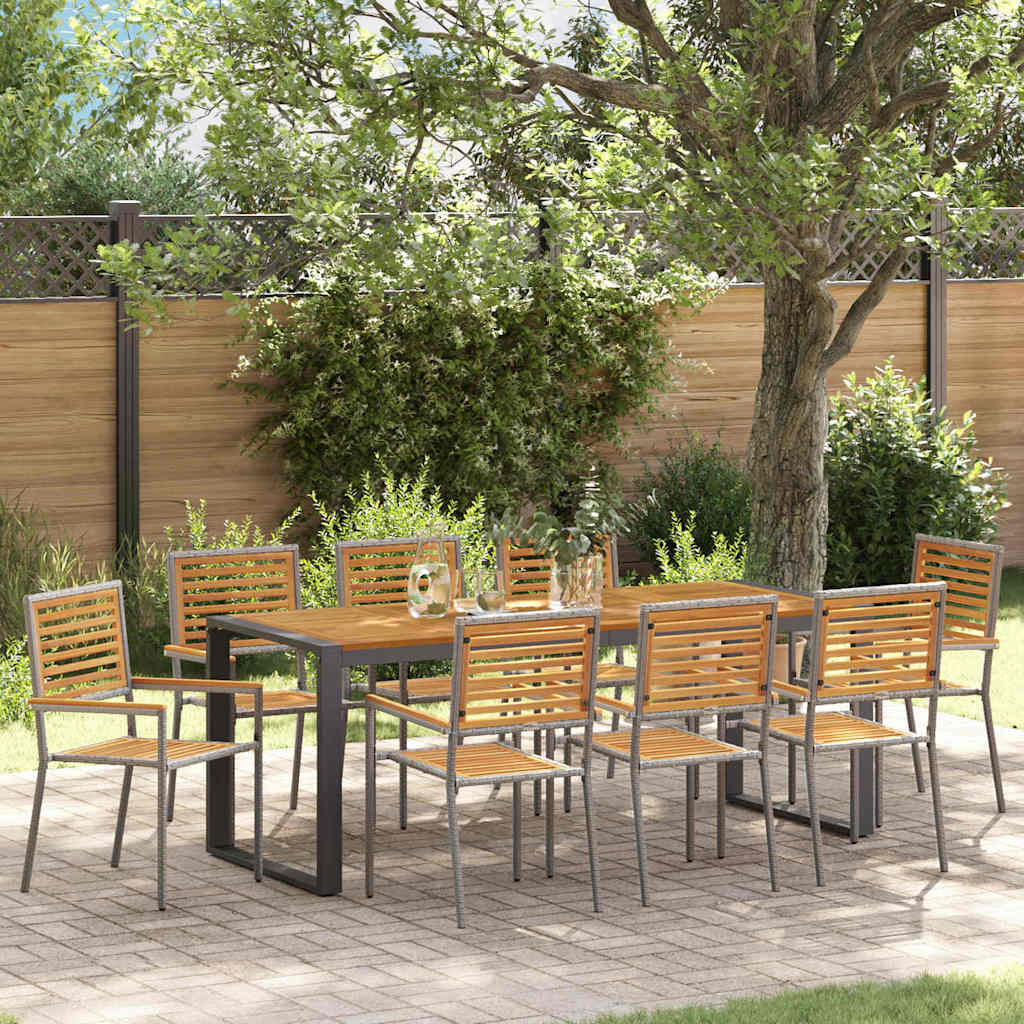 9 Piece Garden Dining Set Grey Poly Rattan Acacia - Decor Base