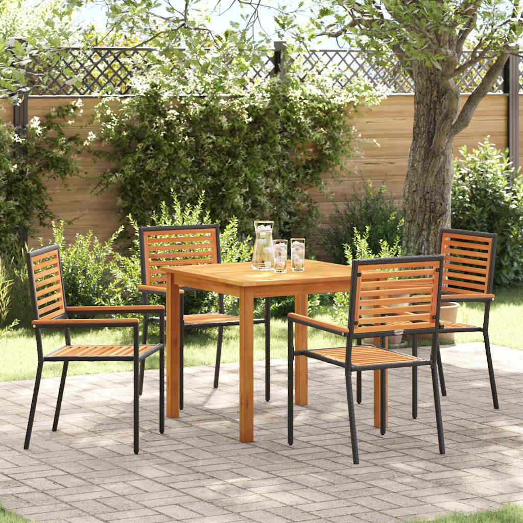 5 Piece Garden Dining Set Black Poly Rattan Acacia - Discount Dealers
