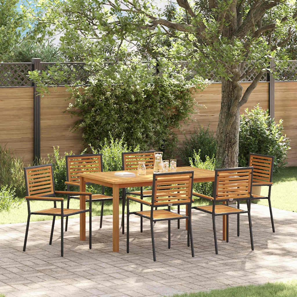 7 Piece Garden Dining Set Black Poly Rattan Acacia - All Things Good