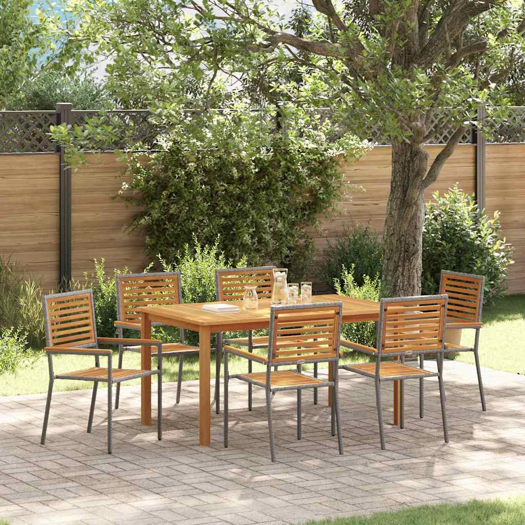 7 Piece Garden Dining Set Grey Poly Rattan Acacia - Brittle & Co