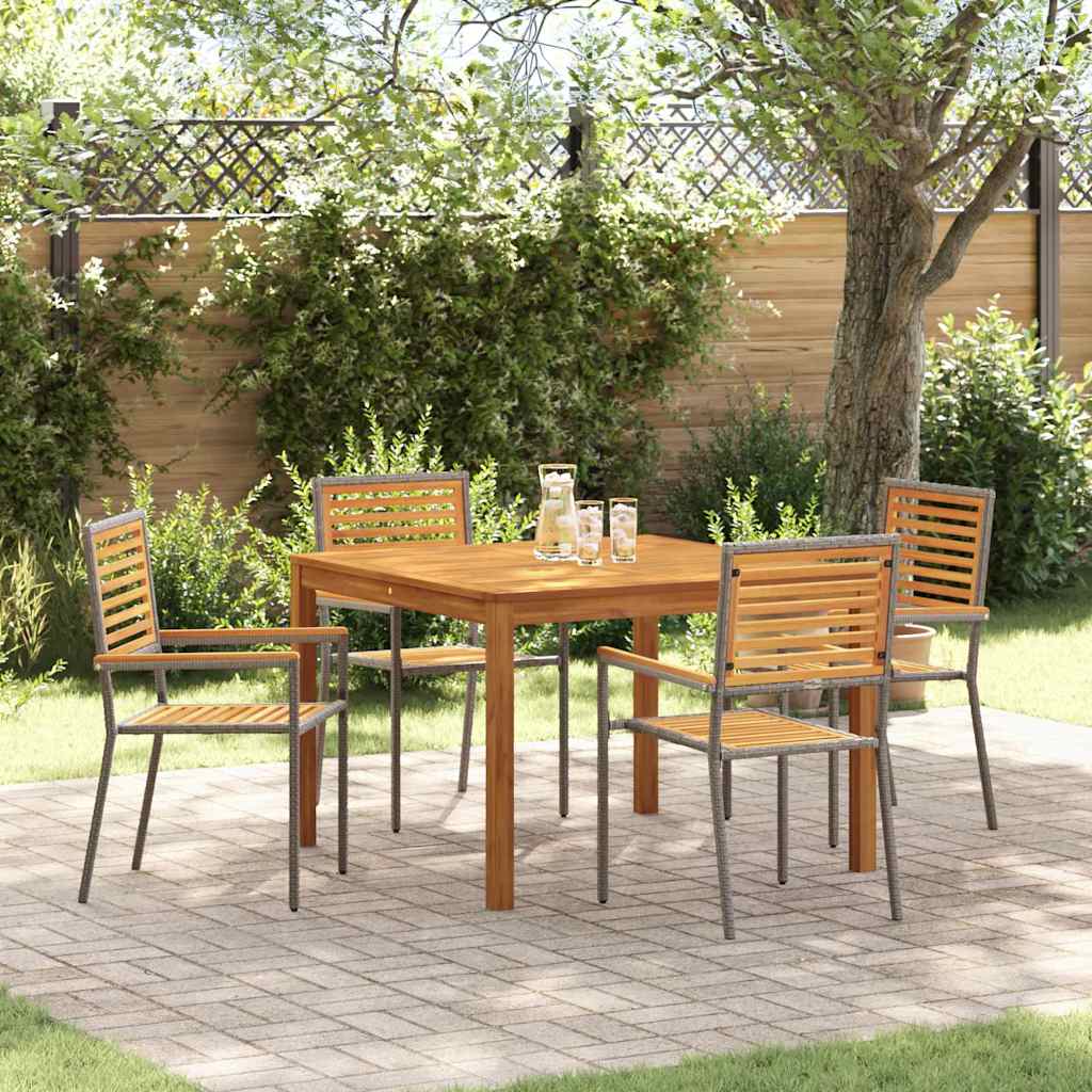 5 Piece Garden Dining Set Grey Poly Rattan Acacia - Merlin Deals