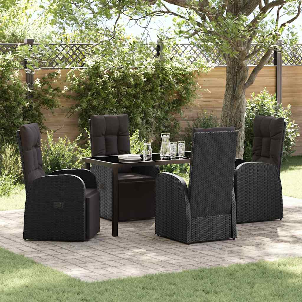 5 Piece Garden Dining Set with Cushions Black Poly Rattan - Direct Imports