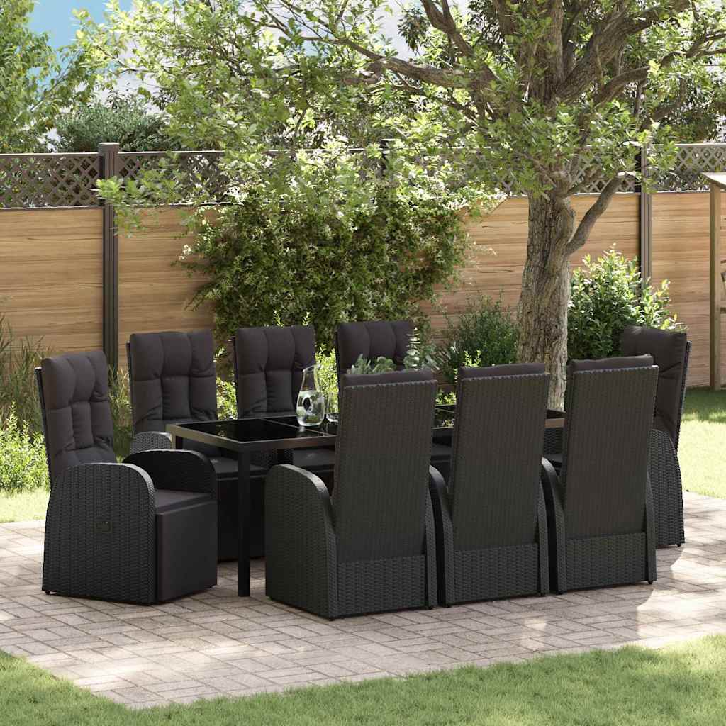 9 Piece Garden Dining Set with Cushions Black Poly Rattan - Tyrell & Tyrell