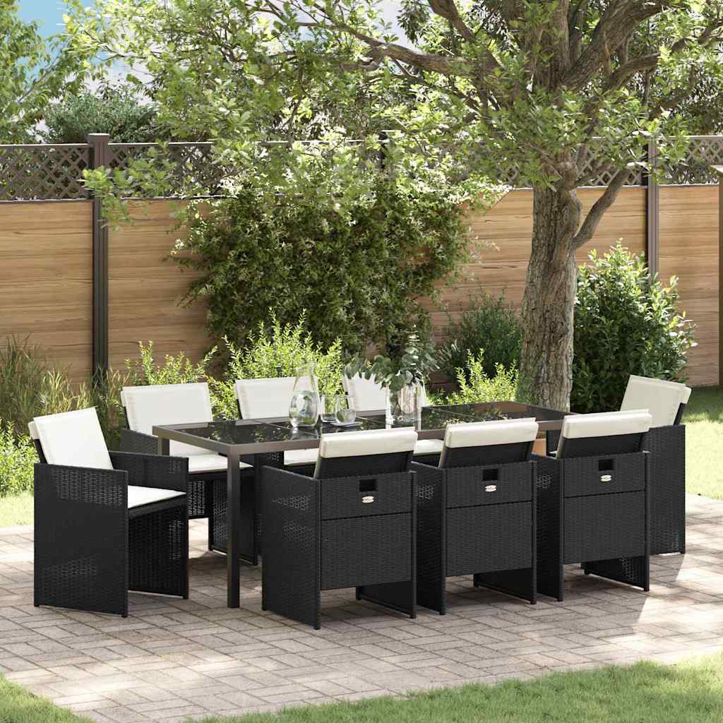 9 Piece Garden Dining Set with Cushions Black Poly Rattan - Design Hut