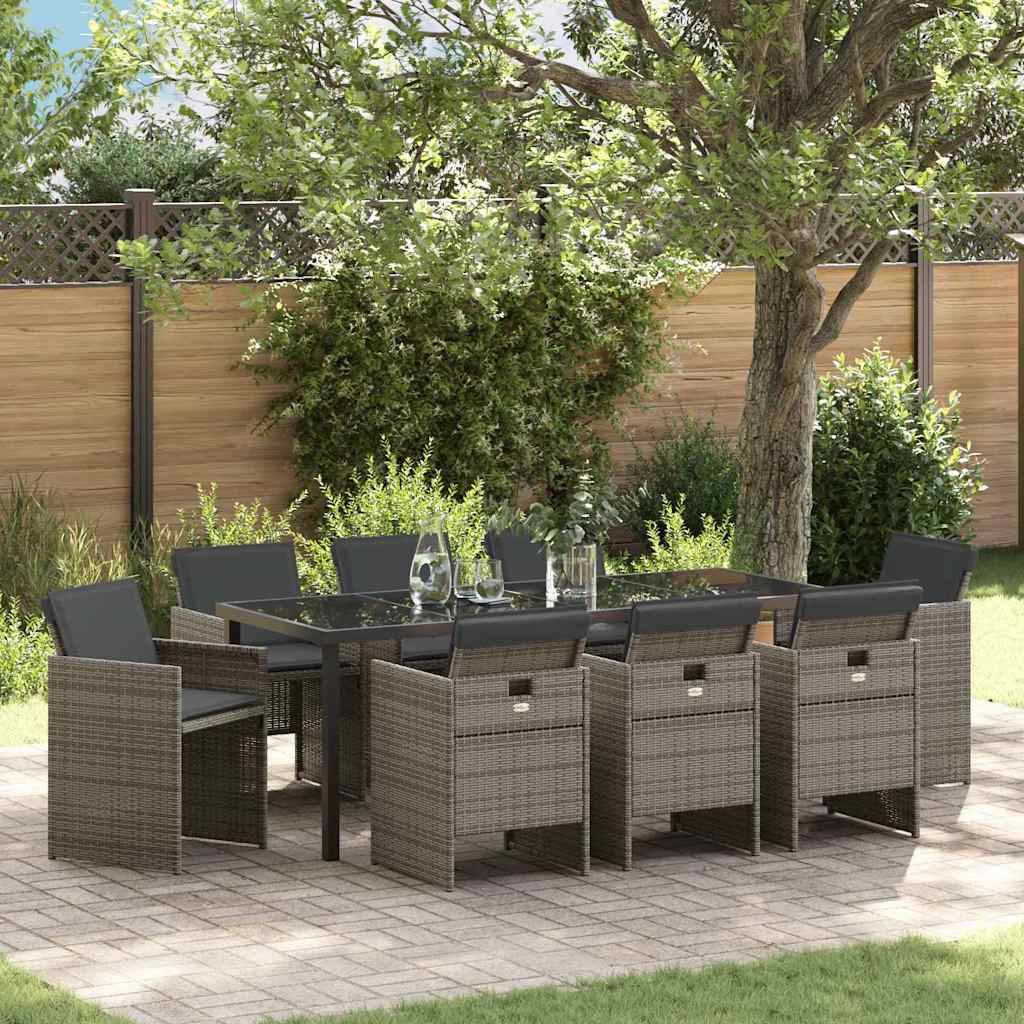 9 Piece Garden Dining Set with Cushions Grey Poly Rattan - Merlin Deals