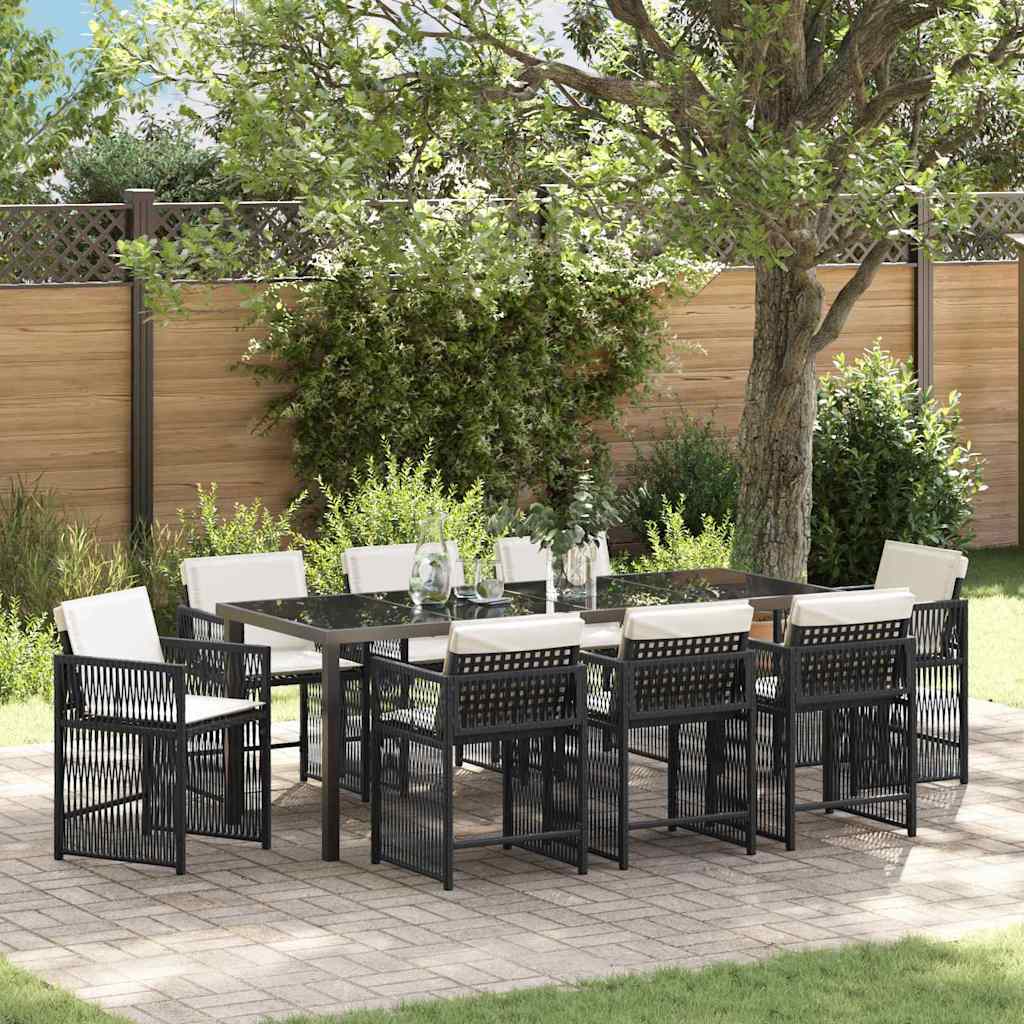 9 Piece Garden Dining Set with Cushions Black Poly Rattan - Brittle & Co