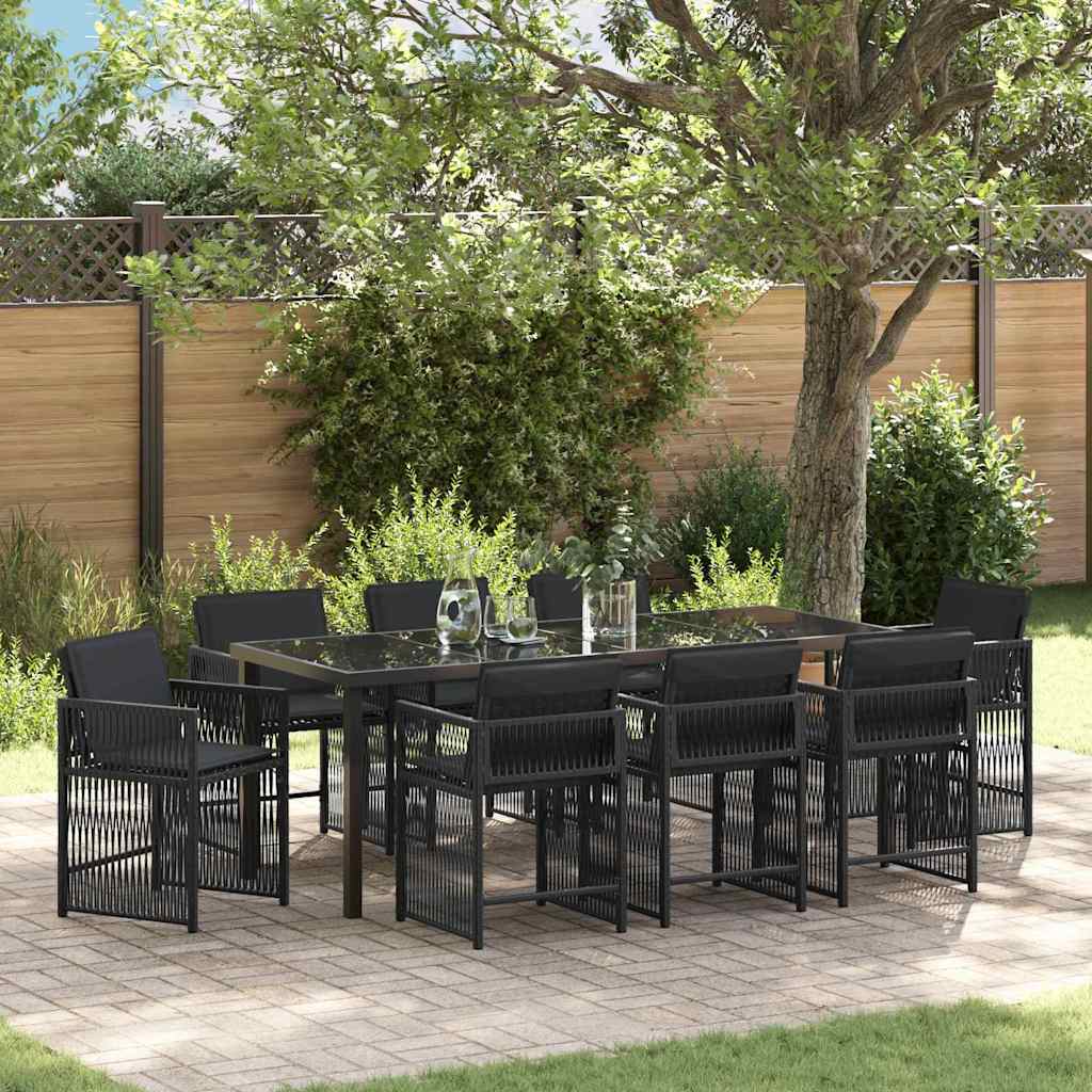 9 Piece Garden Dining Set with Cushions Black Poly Rattan - Direct Imports