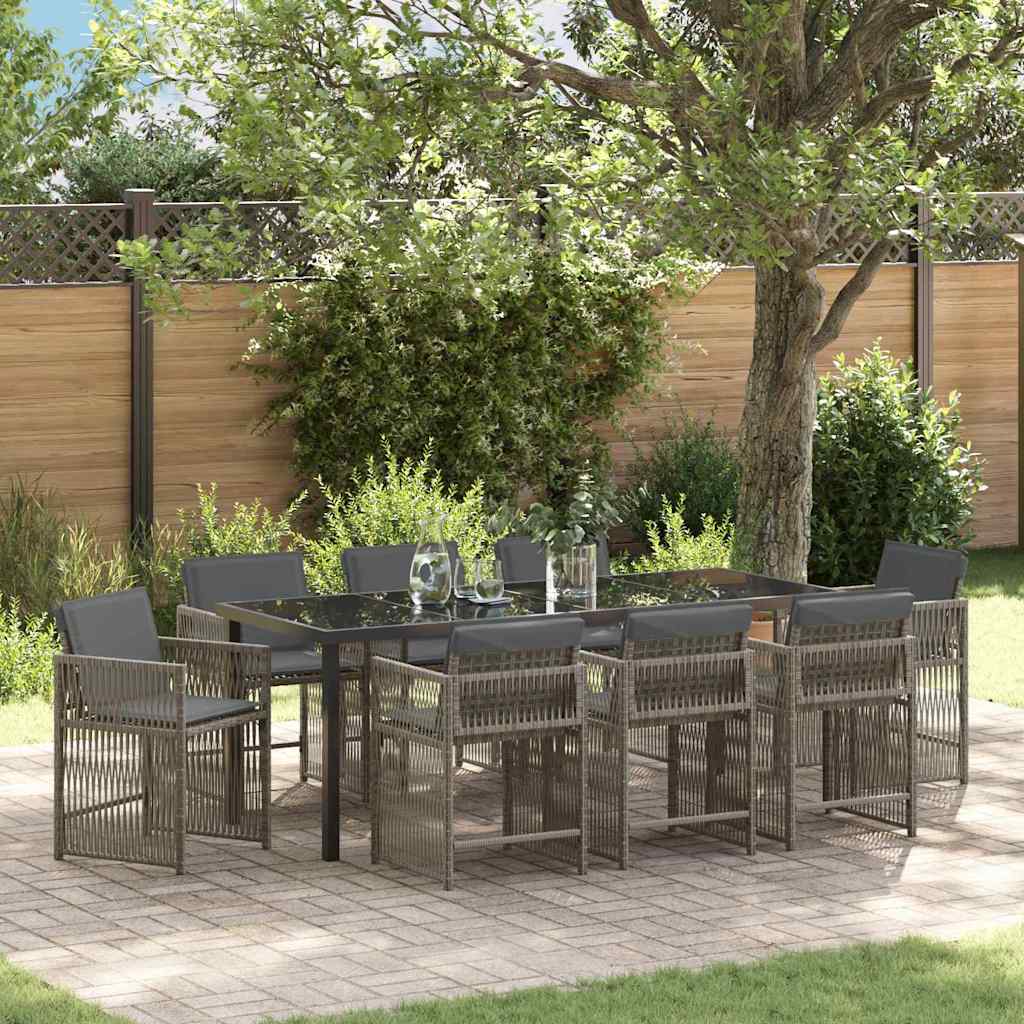 9 Piece Garden Dining Set with Cushions Grey Poly Rattan - Discount Dealers