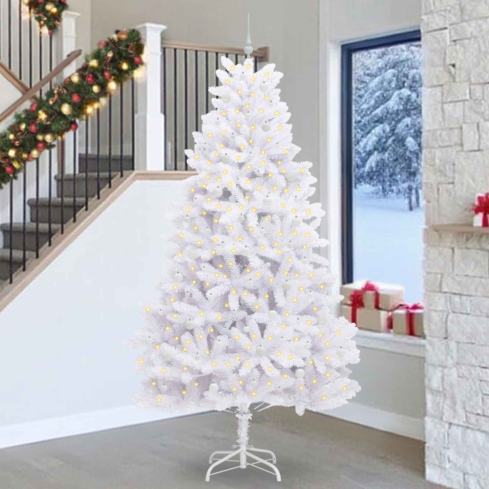 CUDWIN Artificial Hinged Christmas Tree White 270 cm PVC and Steel - Discount Dealers