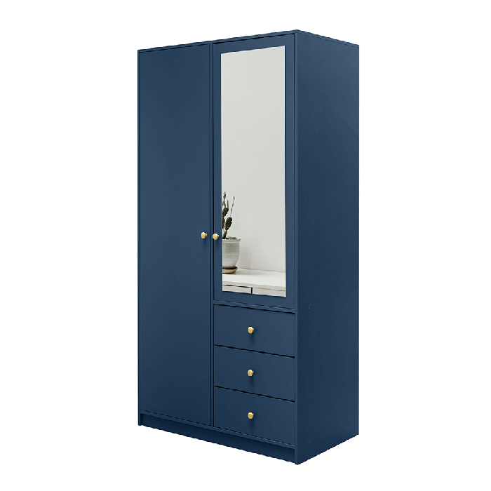 ELVIRO 2 Door Mirrored Wardrobe with 3 Drawers Dark Blue - 100cm - Avellino & Wells