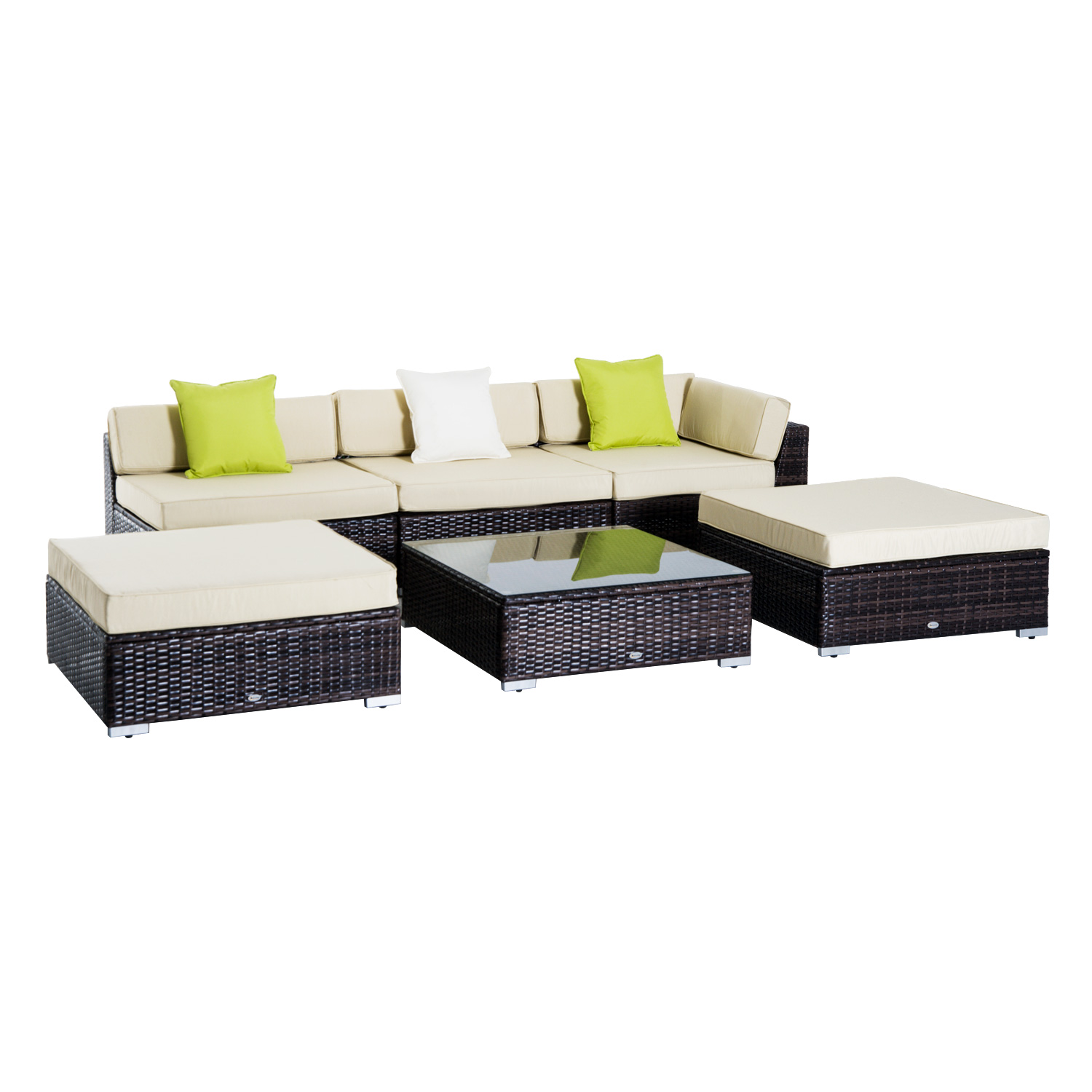 5-Seater Rattan Sofa Coffee Table Set Sectional Wicker Weave Furniture for Garden Outdoor Conservatory w/ Pillow Cushion Brown - Life Essentials