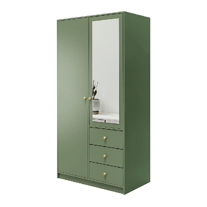 ELVIRO 2 Door Mirrored Wardrobe with 3 Drawers Green - 100cm - Avellino & Wells