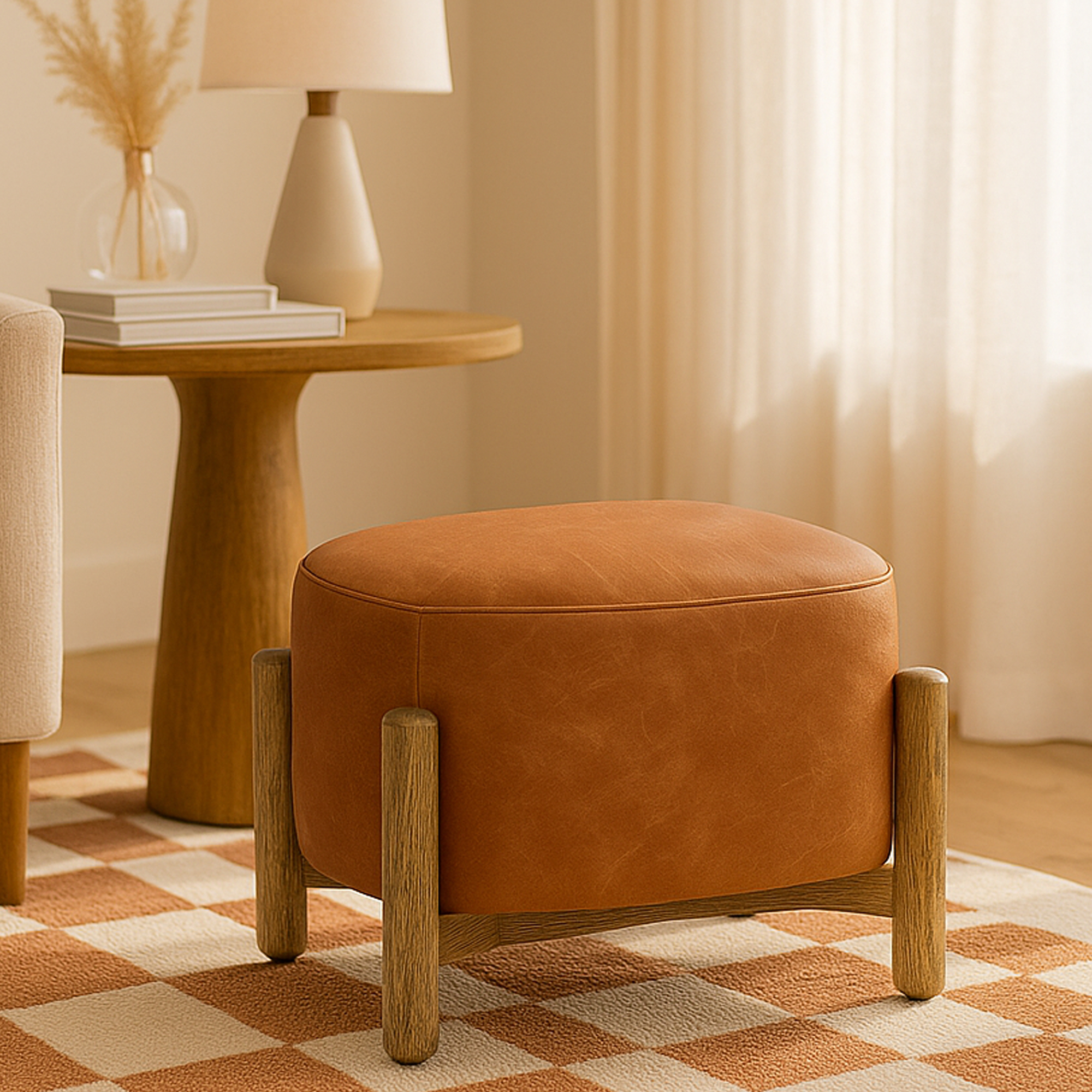 CHILTERN Leather Footstool - Brown - Galvin and Galloway