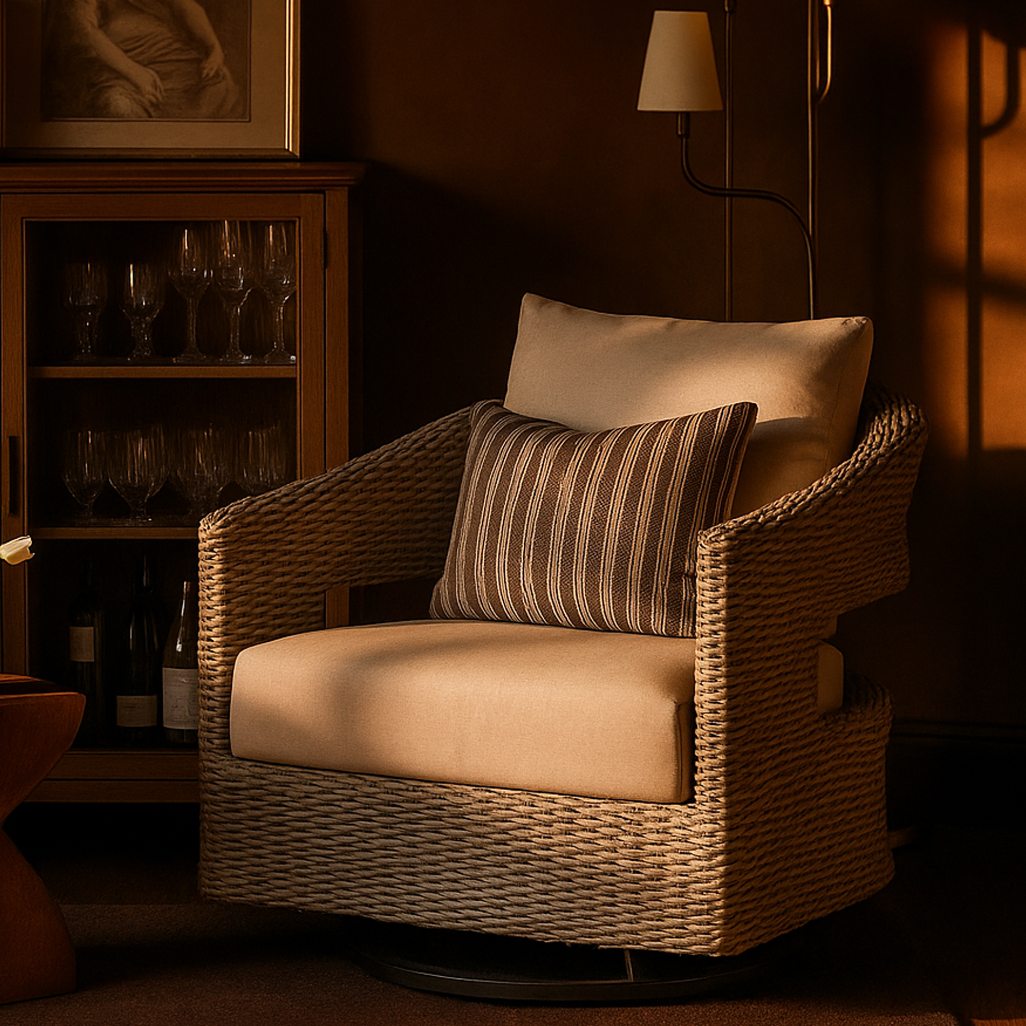 EVERSHAM Rattan Garden Swivel Chair - Beige - Galvin and Galloway