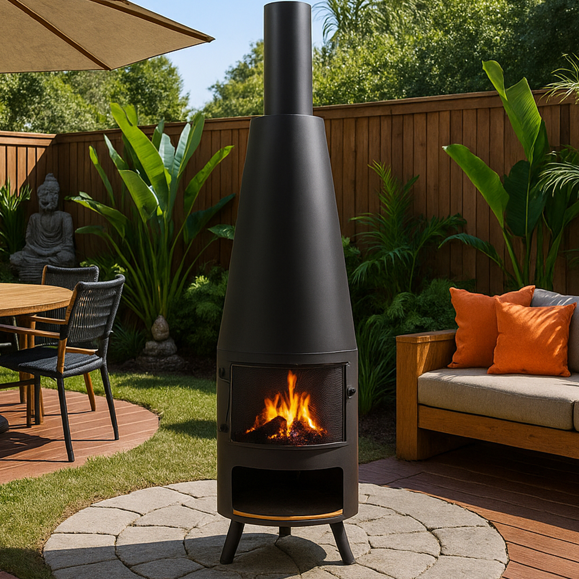 HILLINGDON Chiminea with Pizza Shelf - Black - Galvin and Galloway