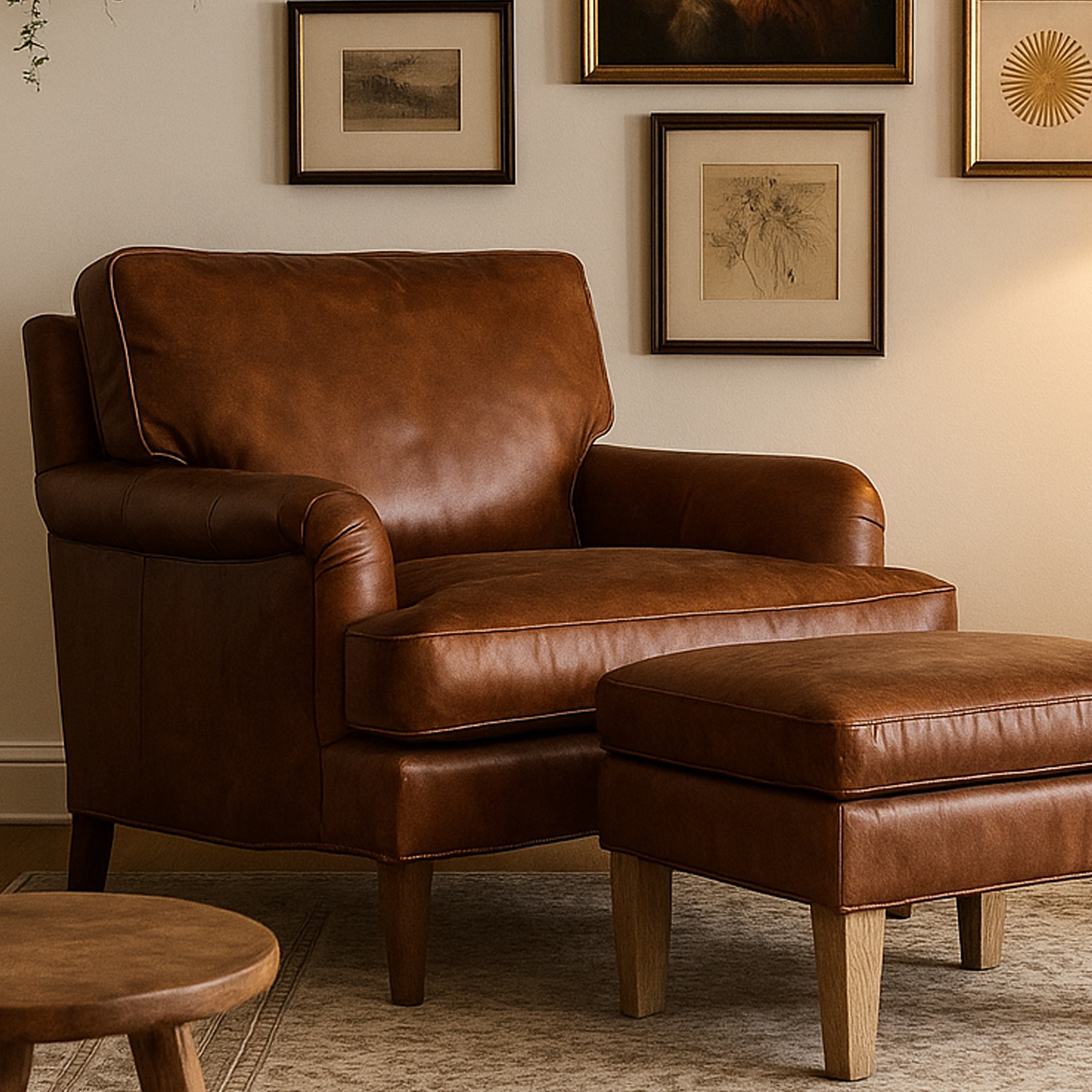 MAPLEWOOD Leather Footstool - Brown - Galvin and Galloway