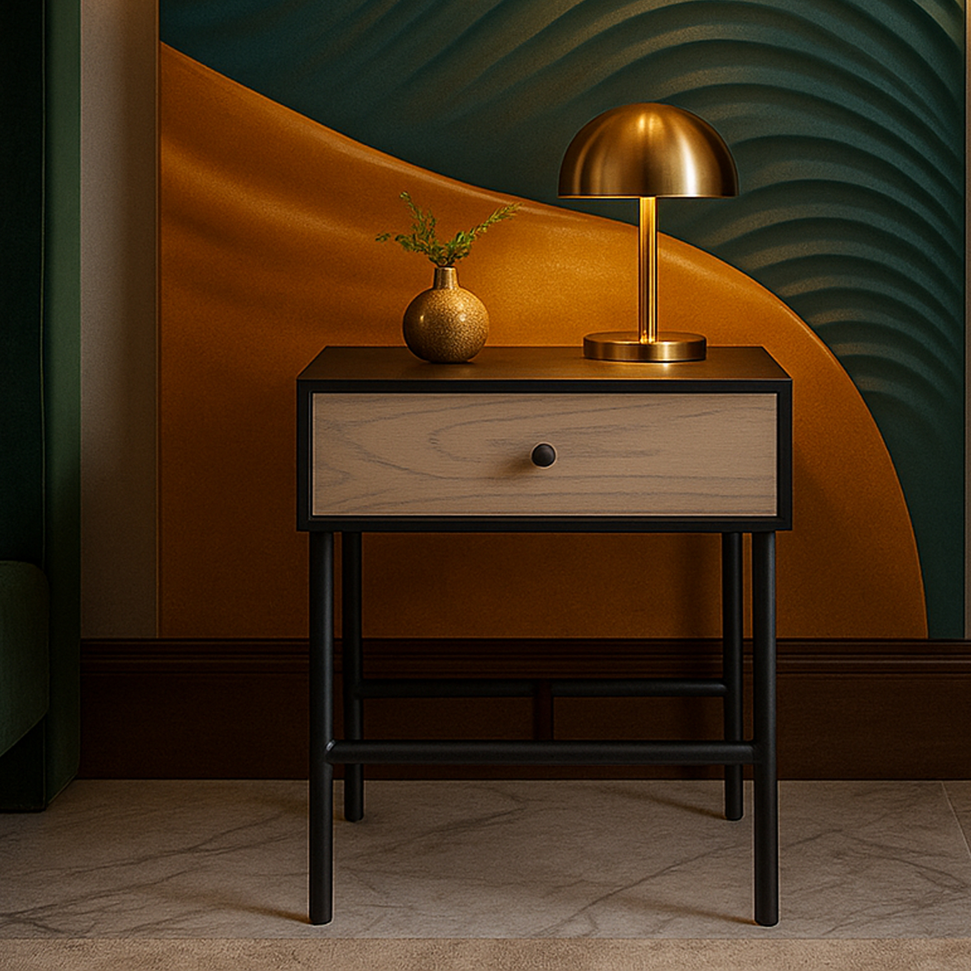 THORNLEIGH 1 Drawer Bedside Table - Black and Oak - Galvin and Galloway