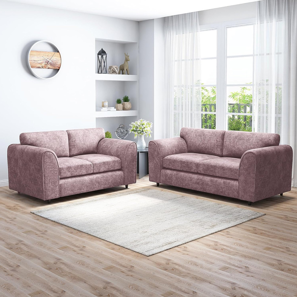 LORVANI Fabric 3 and 2 Seater Fullback Sofa Set - Pink - Home Done