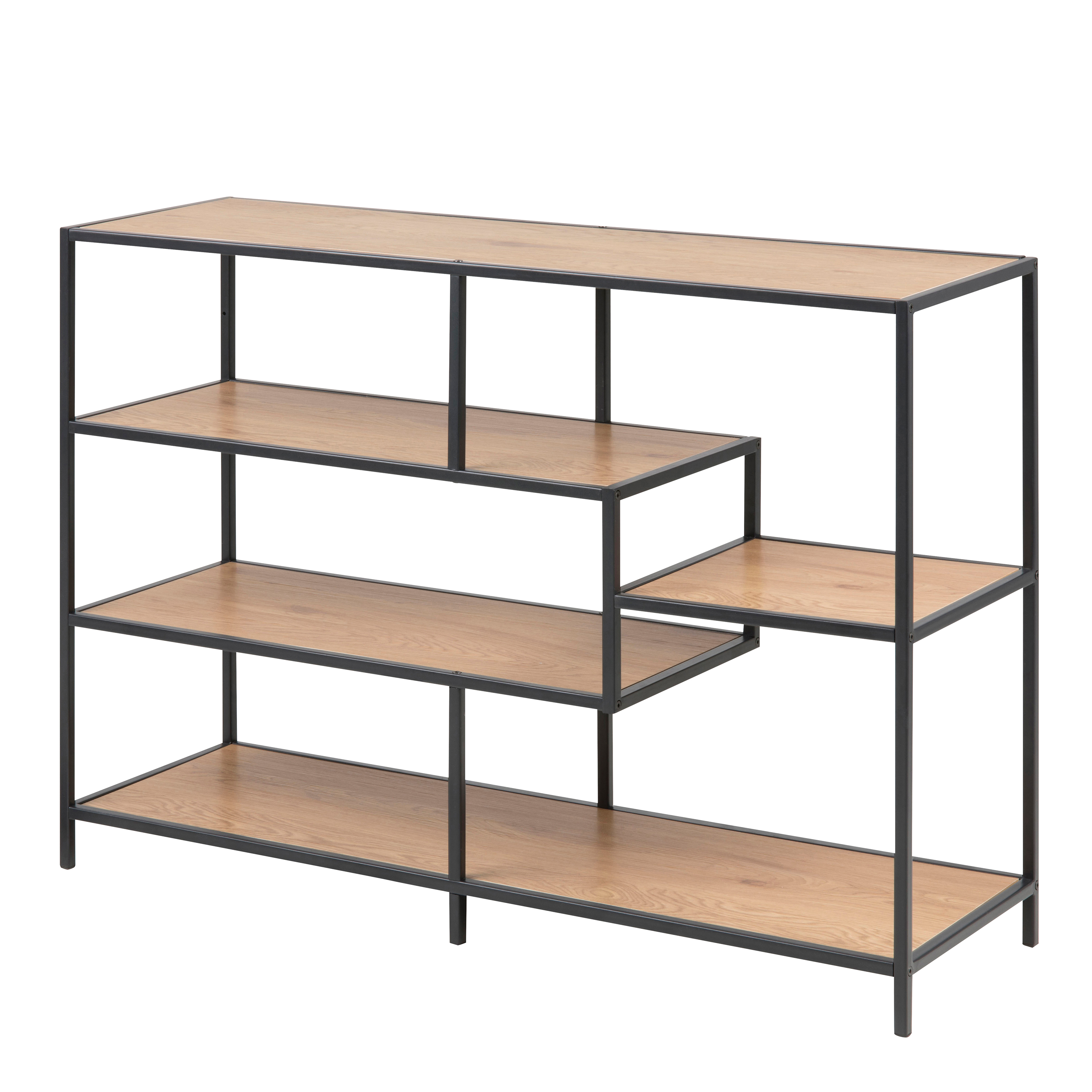 Seaford Wide Black Metal Bookcase with 4 Oak Shelves - Rosalind Collection