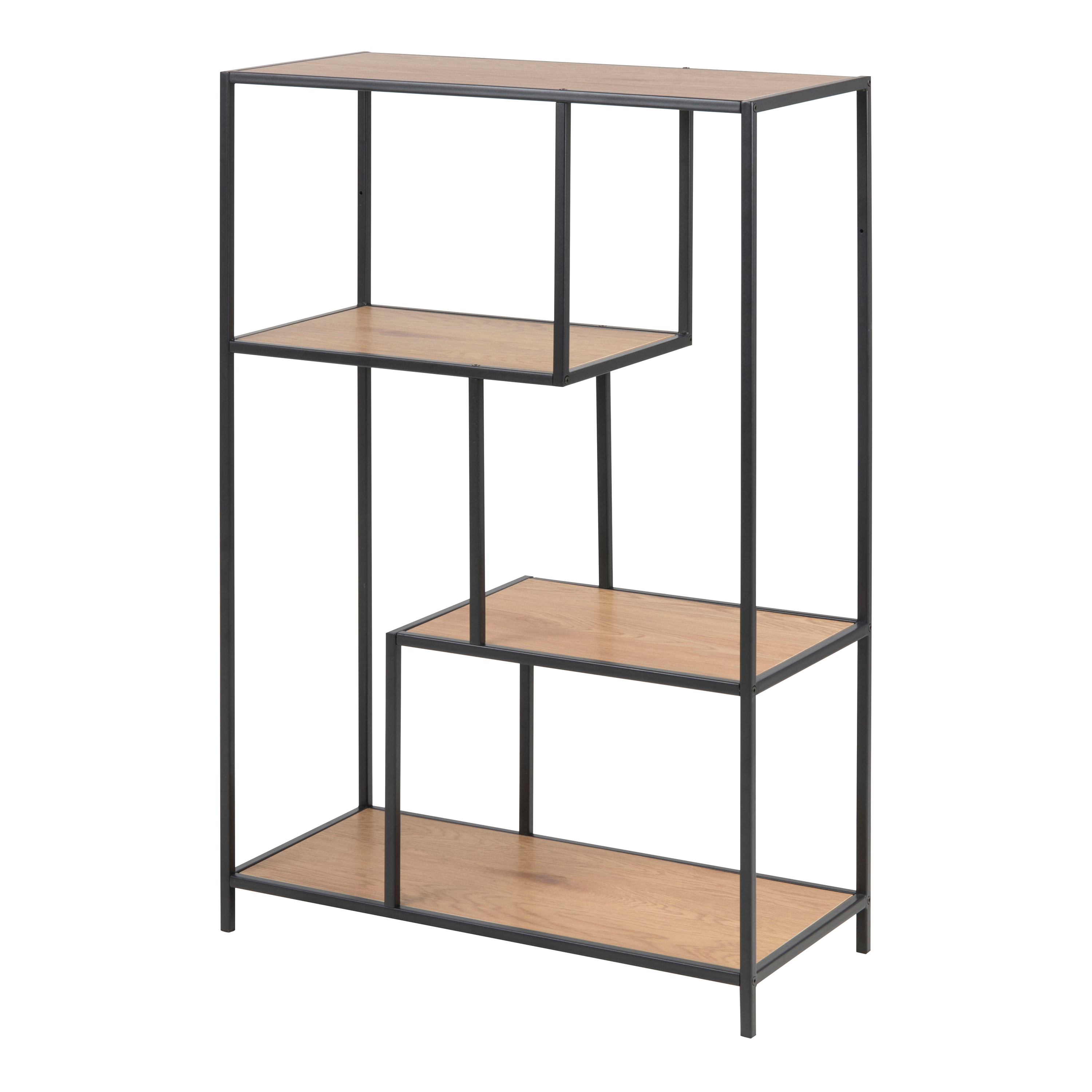Seaford Black Metal Asymmetrical Bookcase with 3 Oak Shelves - Rosalind Collection