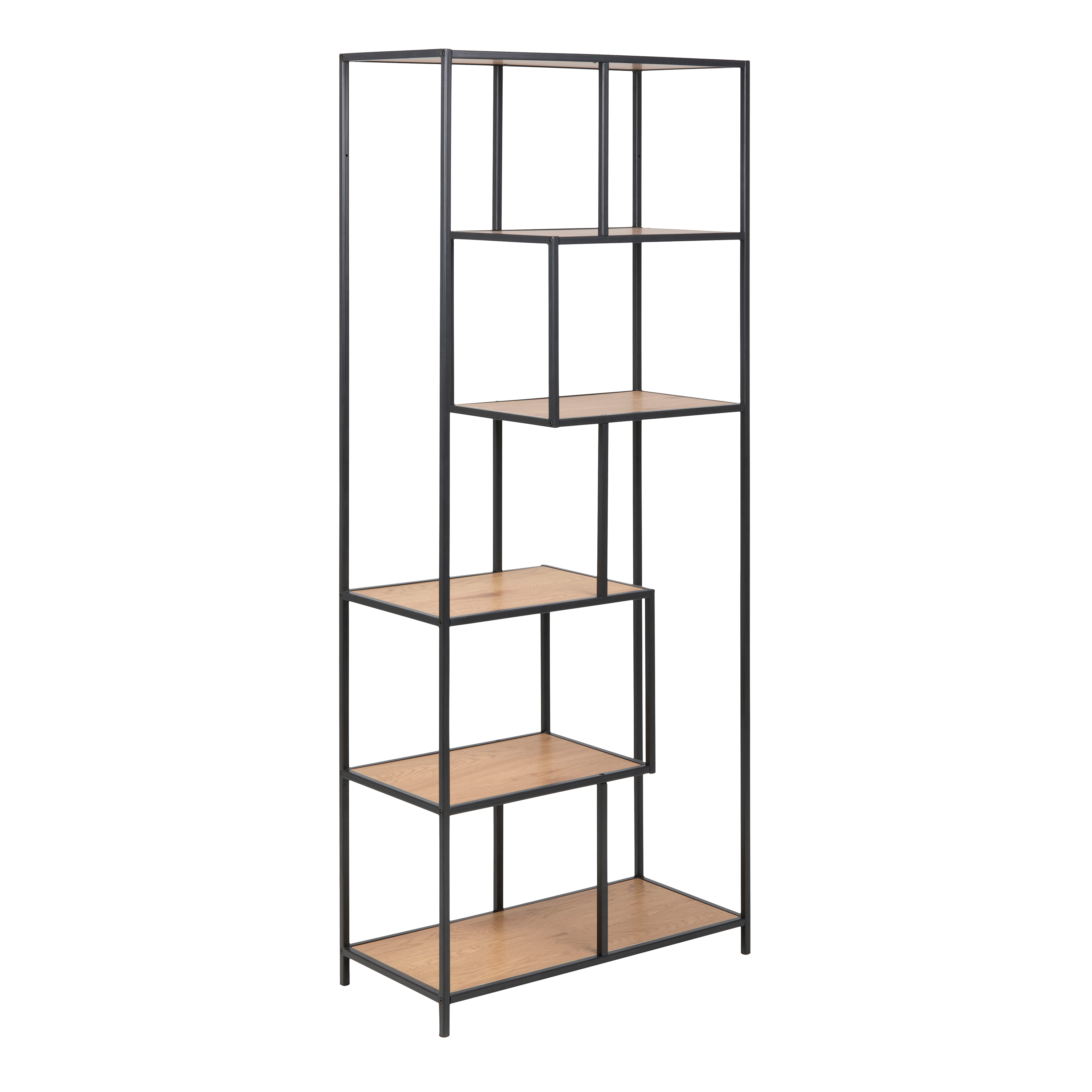 Seaford Tall Black Metal Bookcase with 5 Oak Shelves - Rosalind Collection