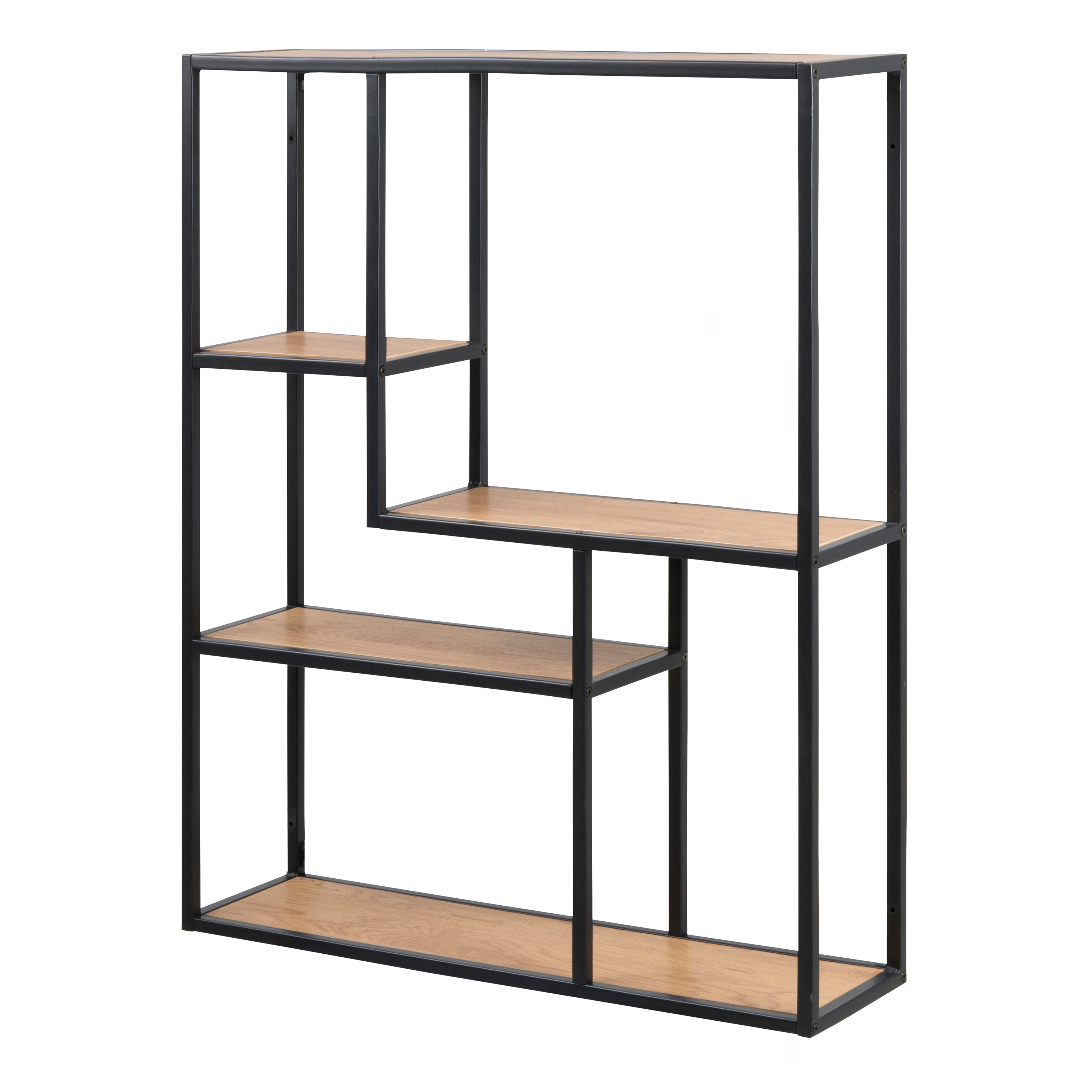 Seaford Black Metal Wide Wall Shelf with 3 Additional Oak Shelves - Rosalind Collection