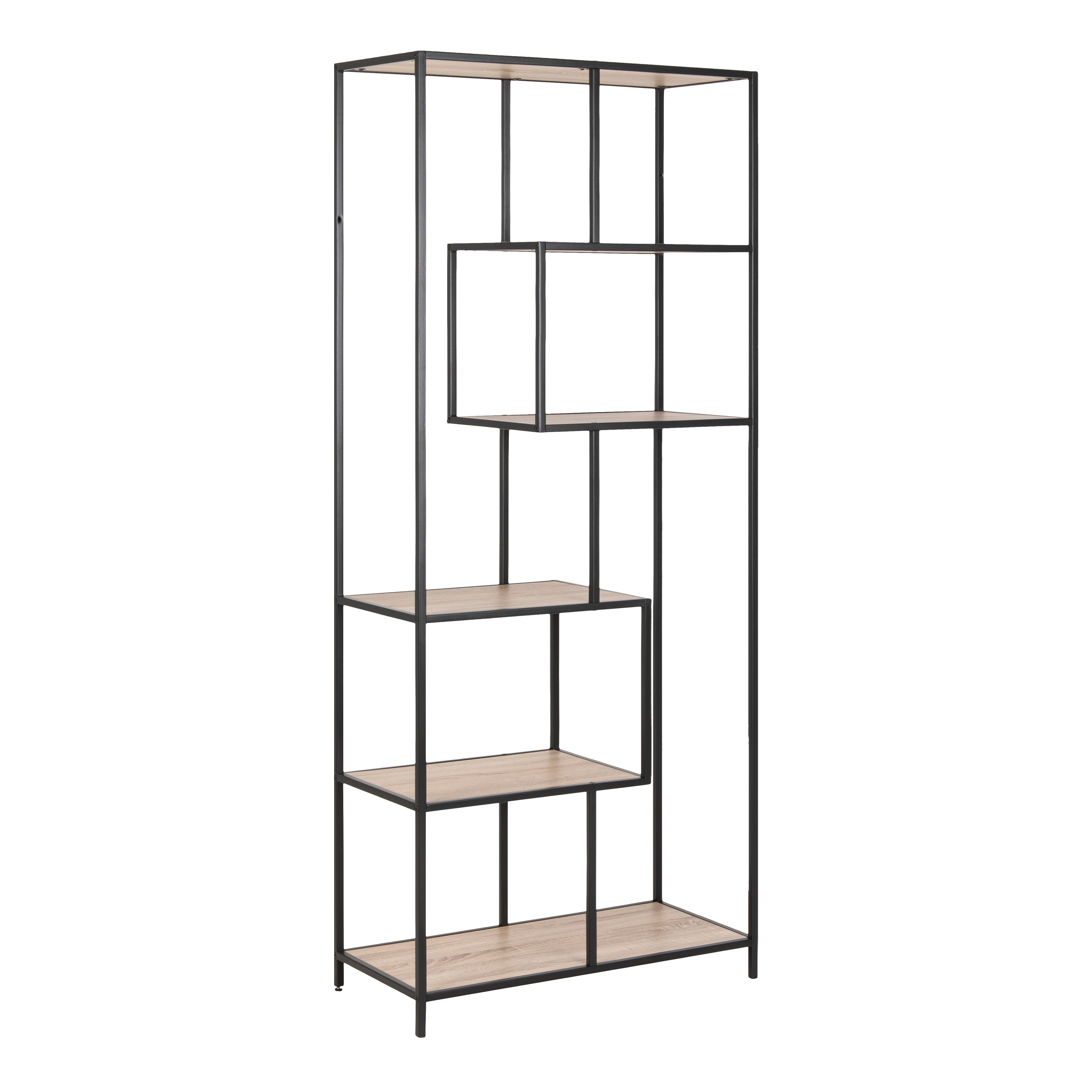 Seaford Tall Black Metal Bookcase with 5 Sonoma Oak Shelves - Rosalind Collection