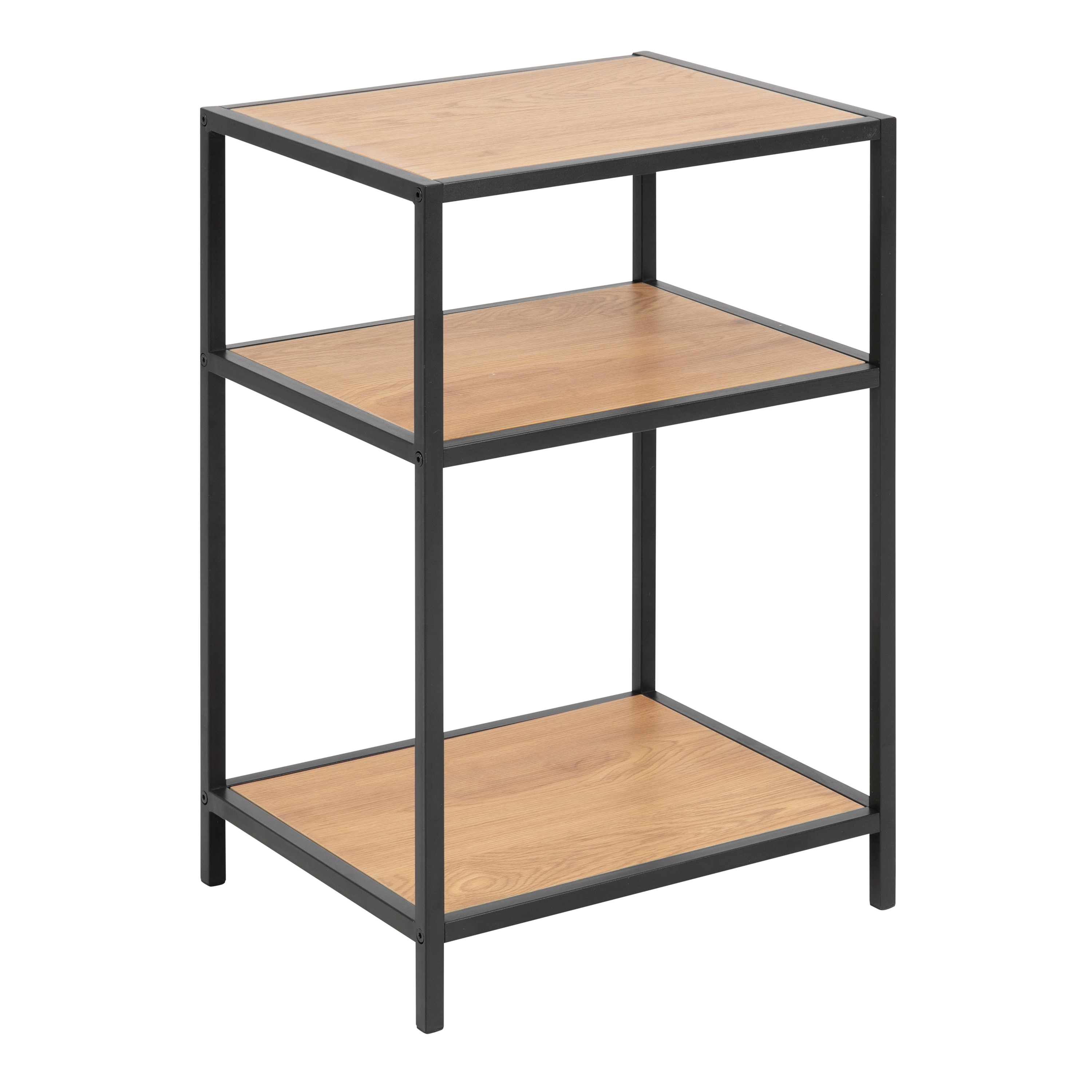 Seaford Black Metal Bedside Table with 2 Oak Shelves - Rosalind Collection