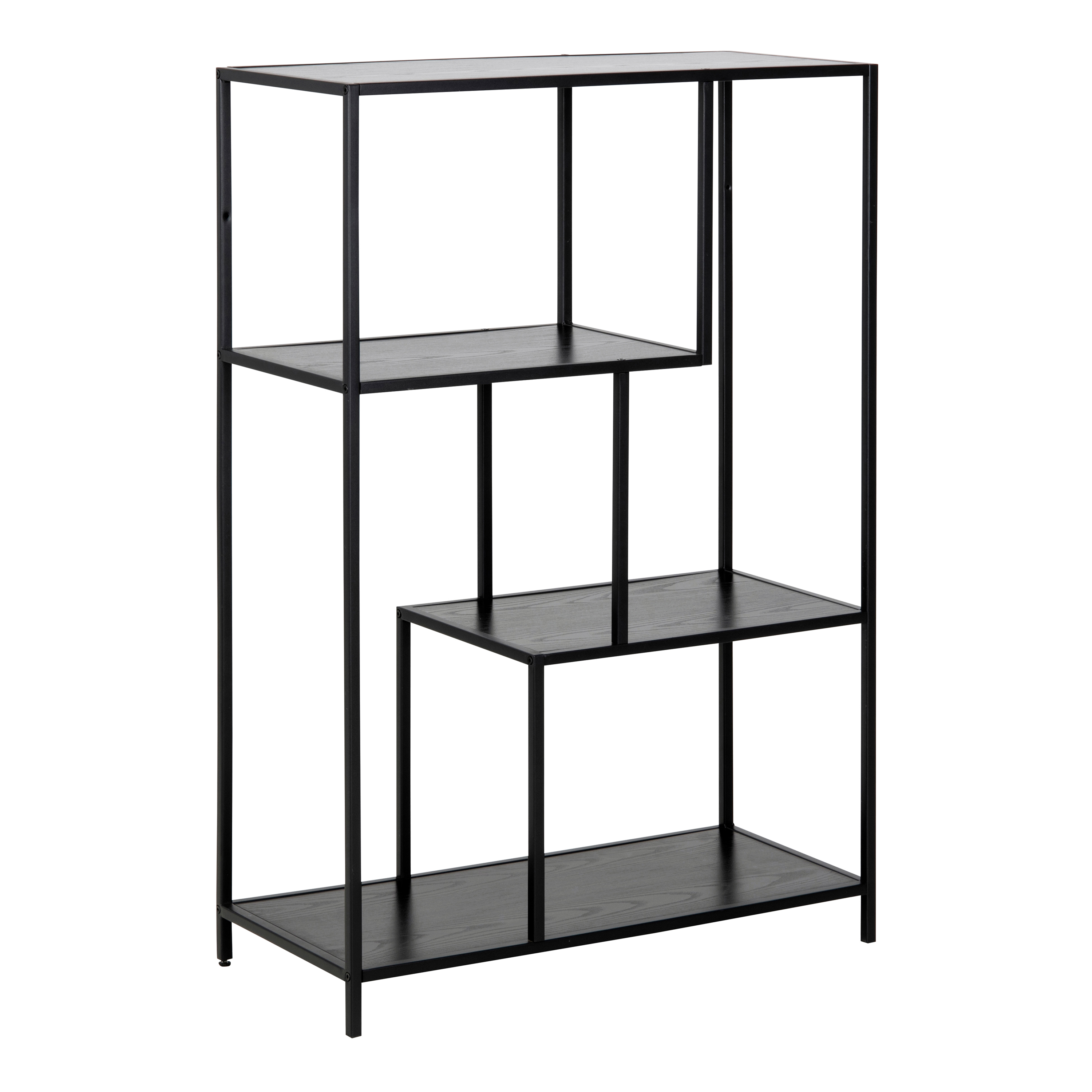 Seaford Black Metal Asymmetrical Bookcase with 3 Black Shelves - Rosalind Collection