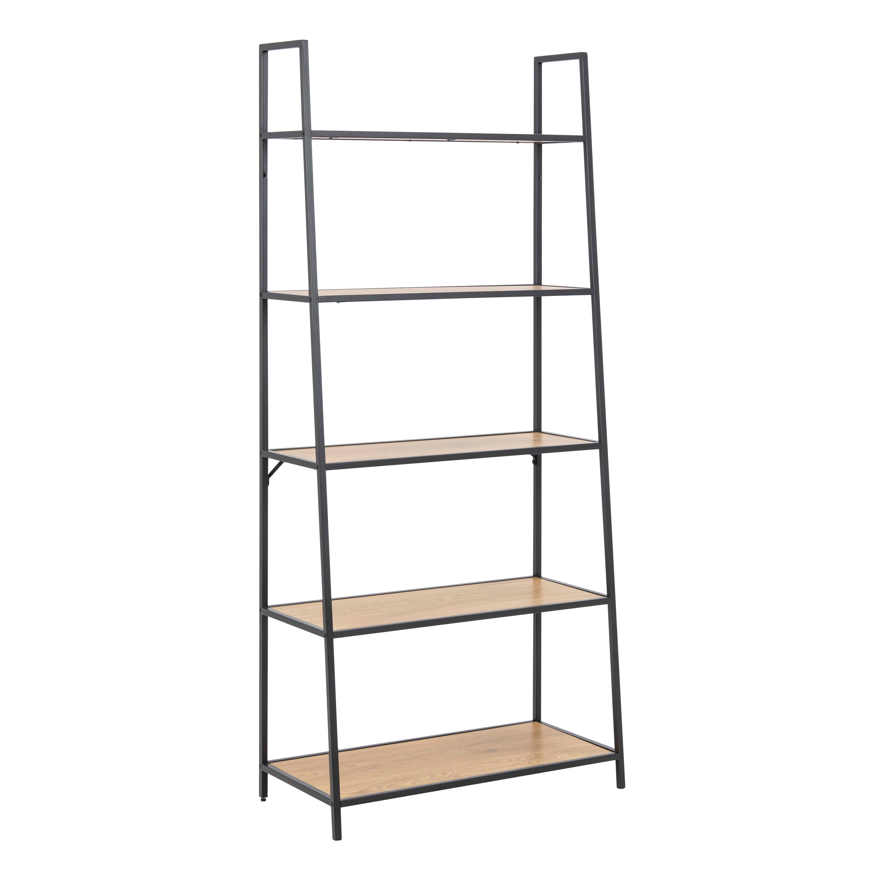 Seaford Black Metal Ladder Bookcase with 5 Oak Shelves - Rosalind Collection