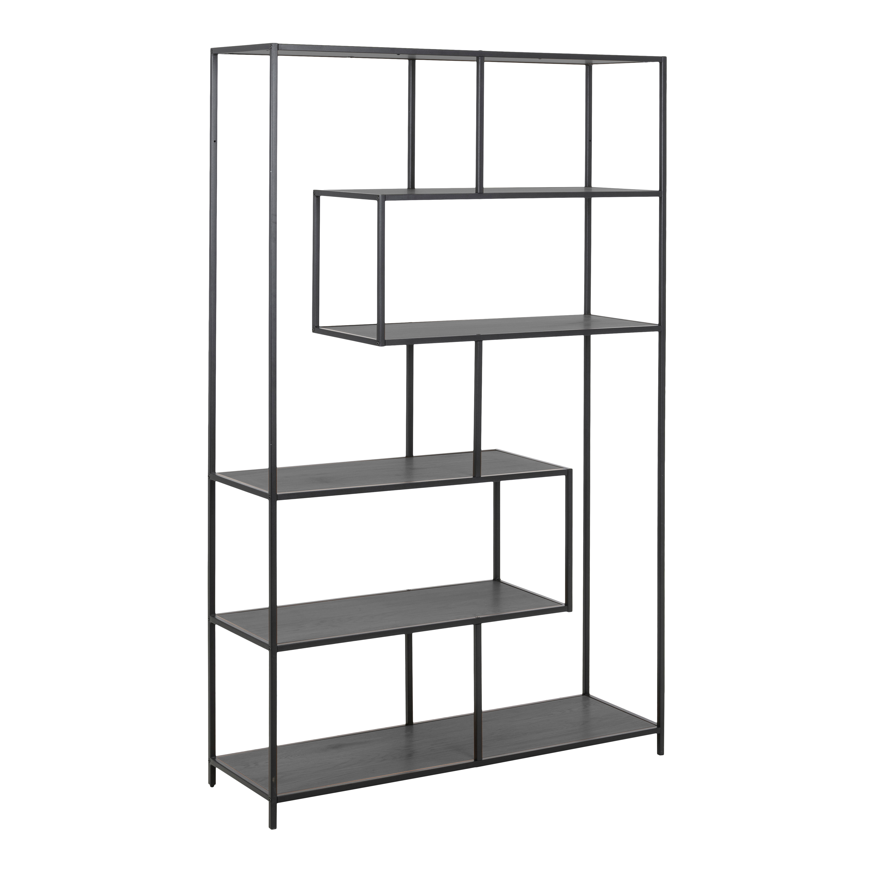 Seaford Black Metal Large Asymmetrical Bookcase with 5 Black Shelves - Rosalind Collection