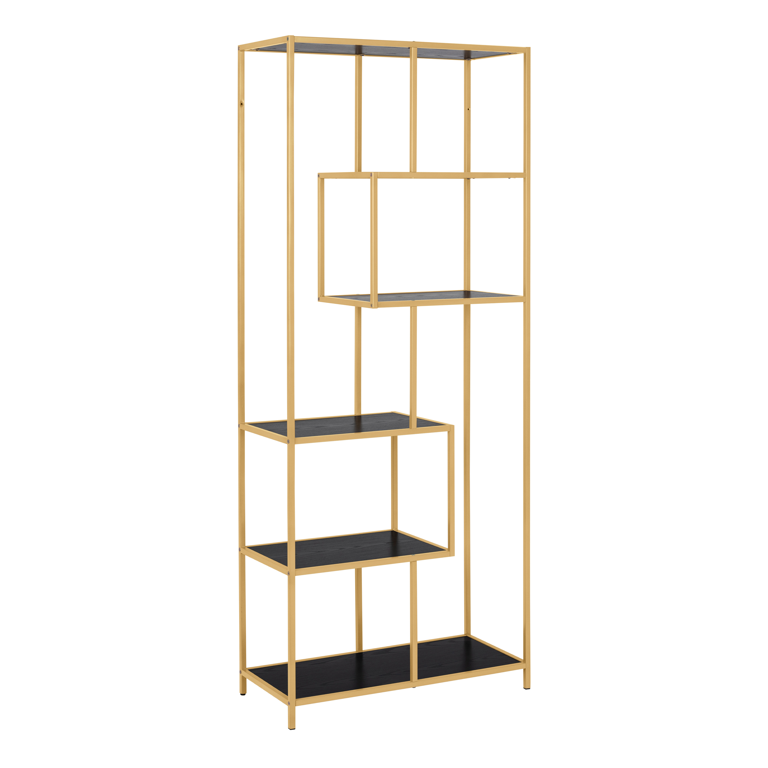 Seaford Tall Gold Metal Bookcase with 5 Black Shelves - Rosalind Collection