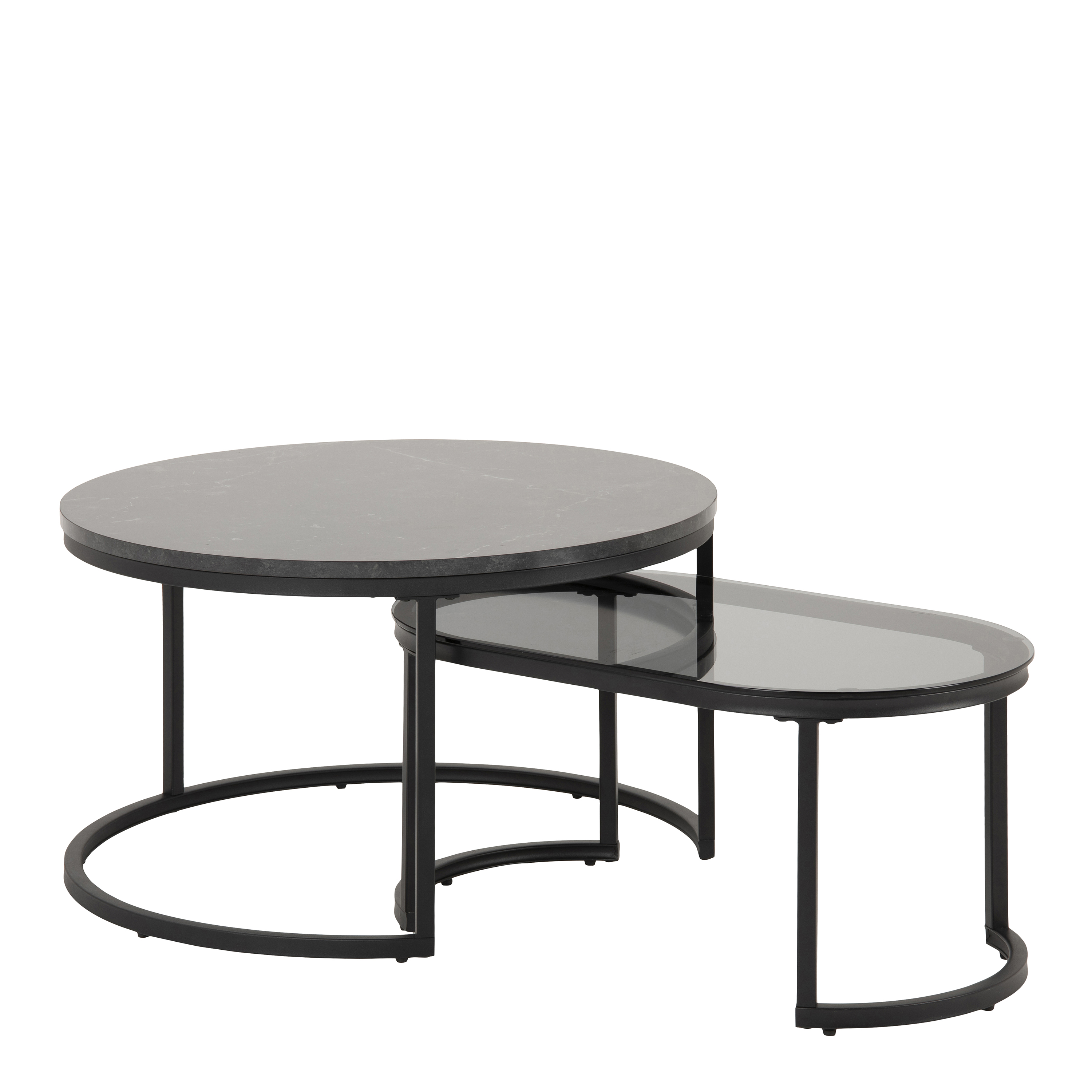 Spiro Round/Oval Coffee Table Set with Black Marble/Smoked Glass Top - Rosalind Collection