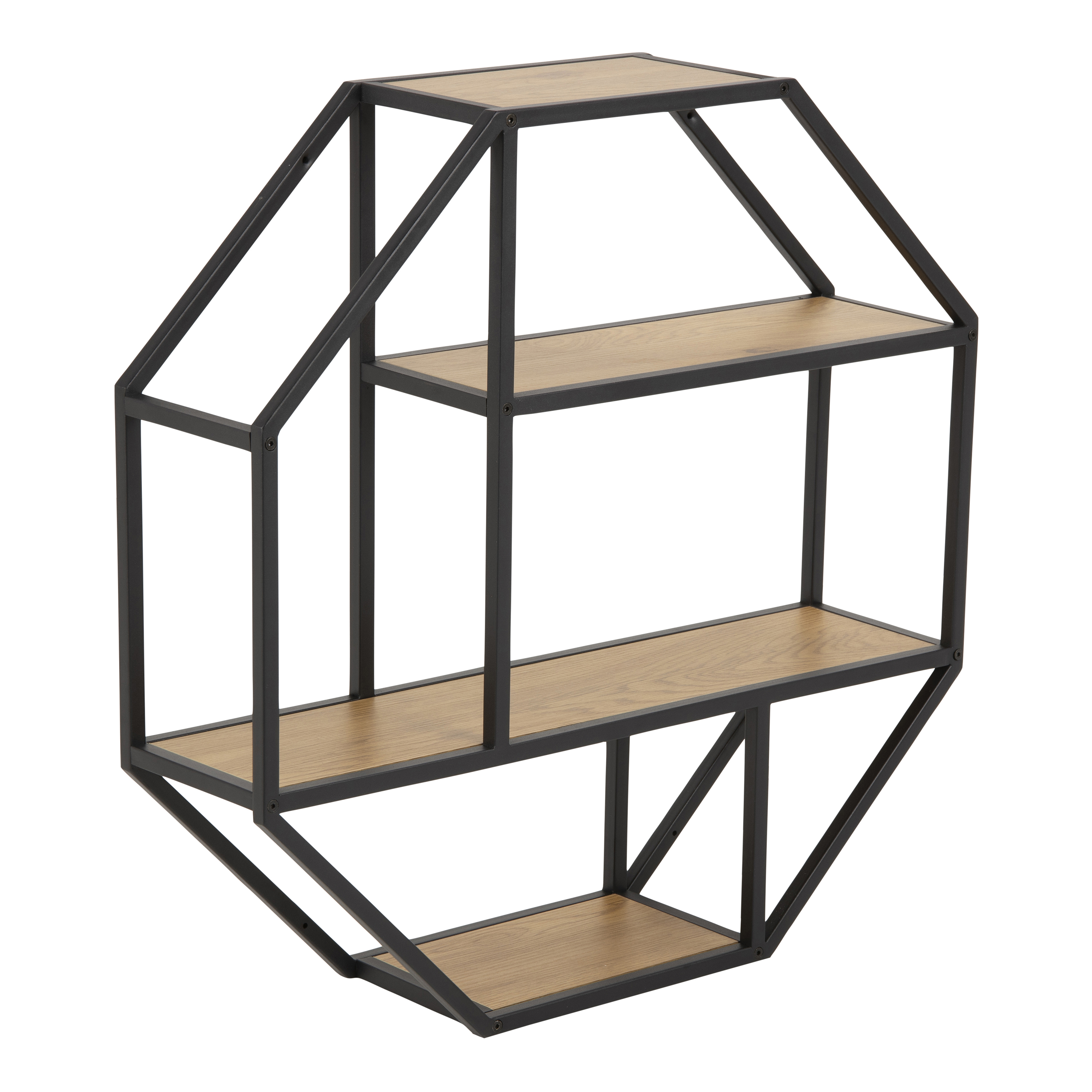 Seaford Octagonal Metal Wall Shelf in Black & Oak - Rosalind Collection