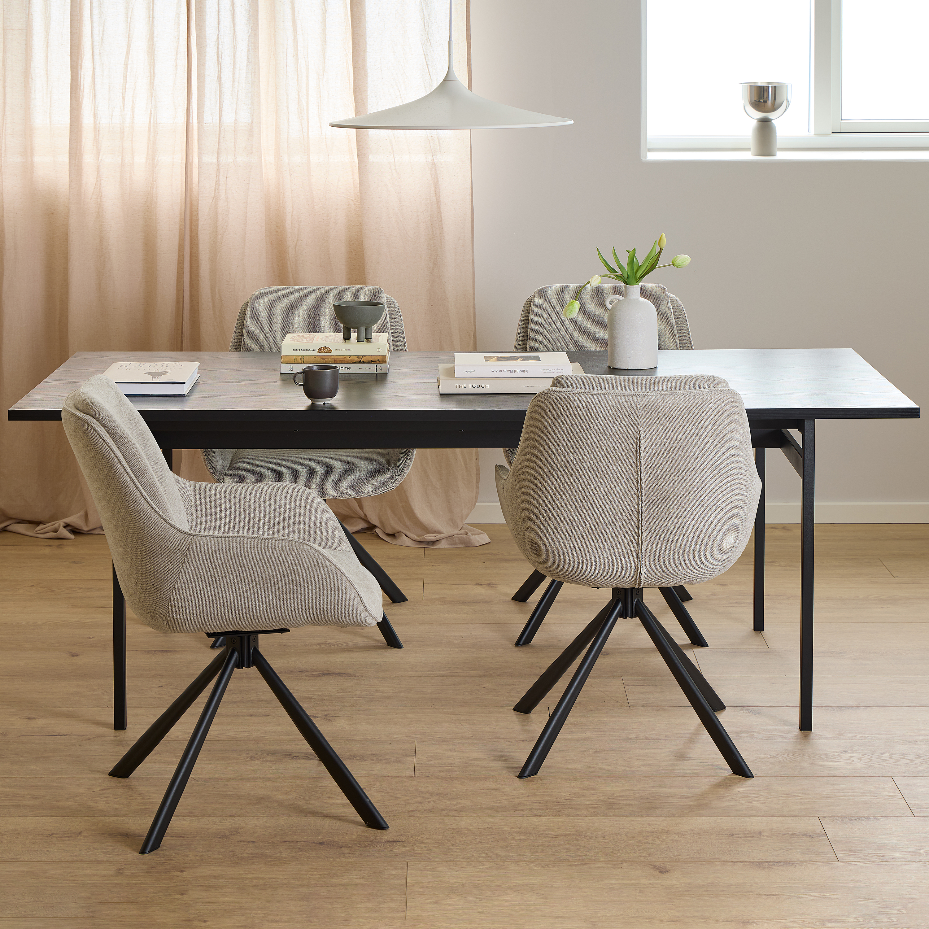 CALDERIC Dining Table in Black Included 4 Swivel Dining Chairs in Sand - Rosalind Collection