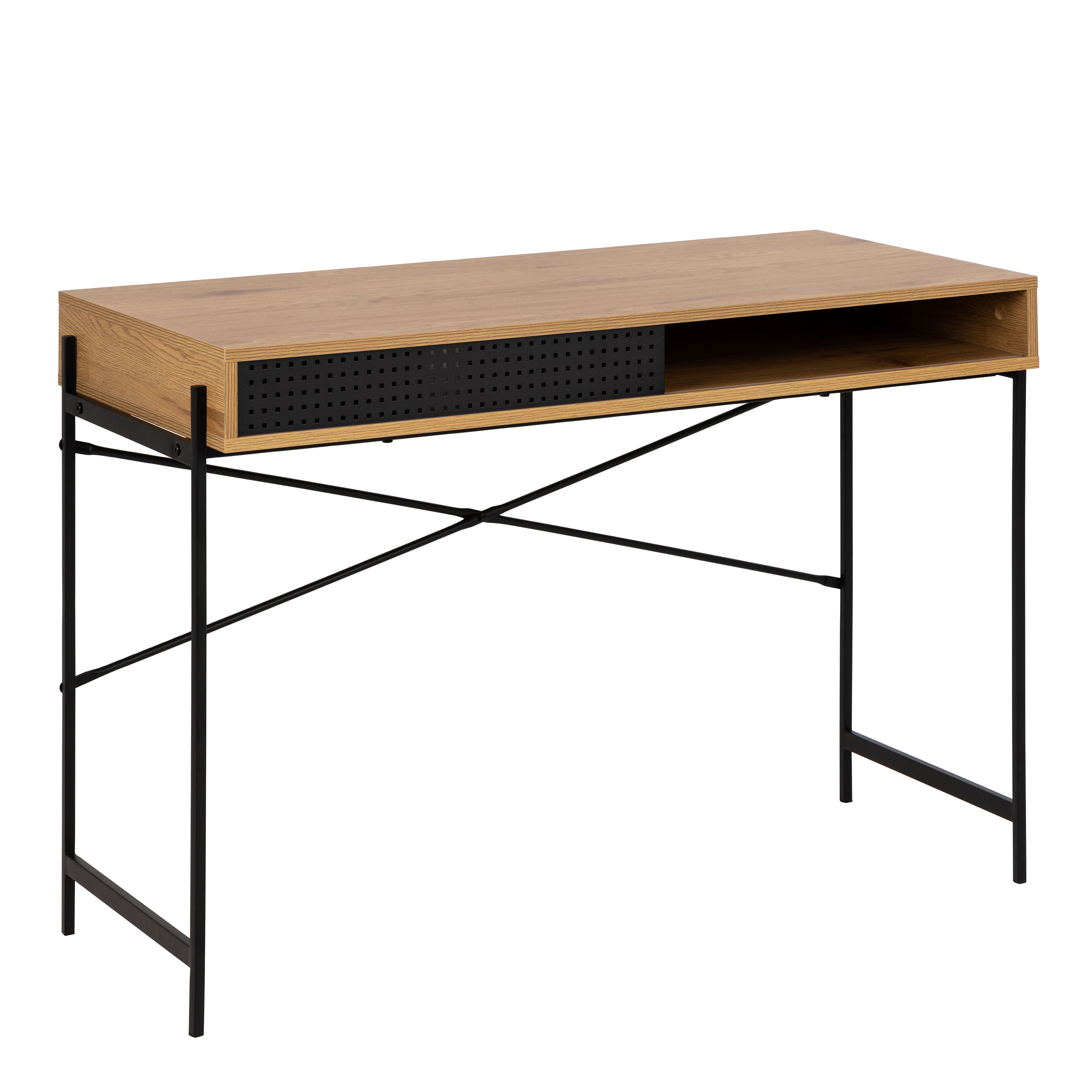 Angus Office Desk with Sliding Door in Oak & Black - Rosalind Collection