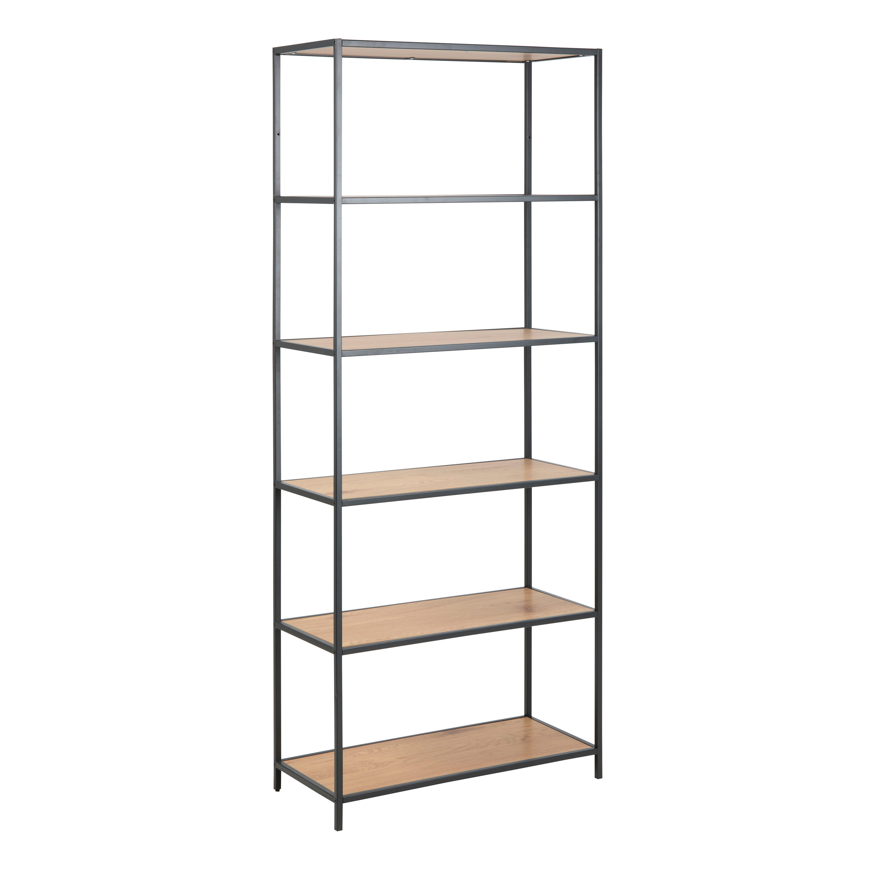 Seaford Tall Black Metal Bookcase with 5 Shelves in Oak - Rosalind Collection