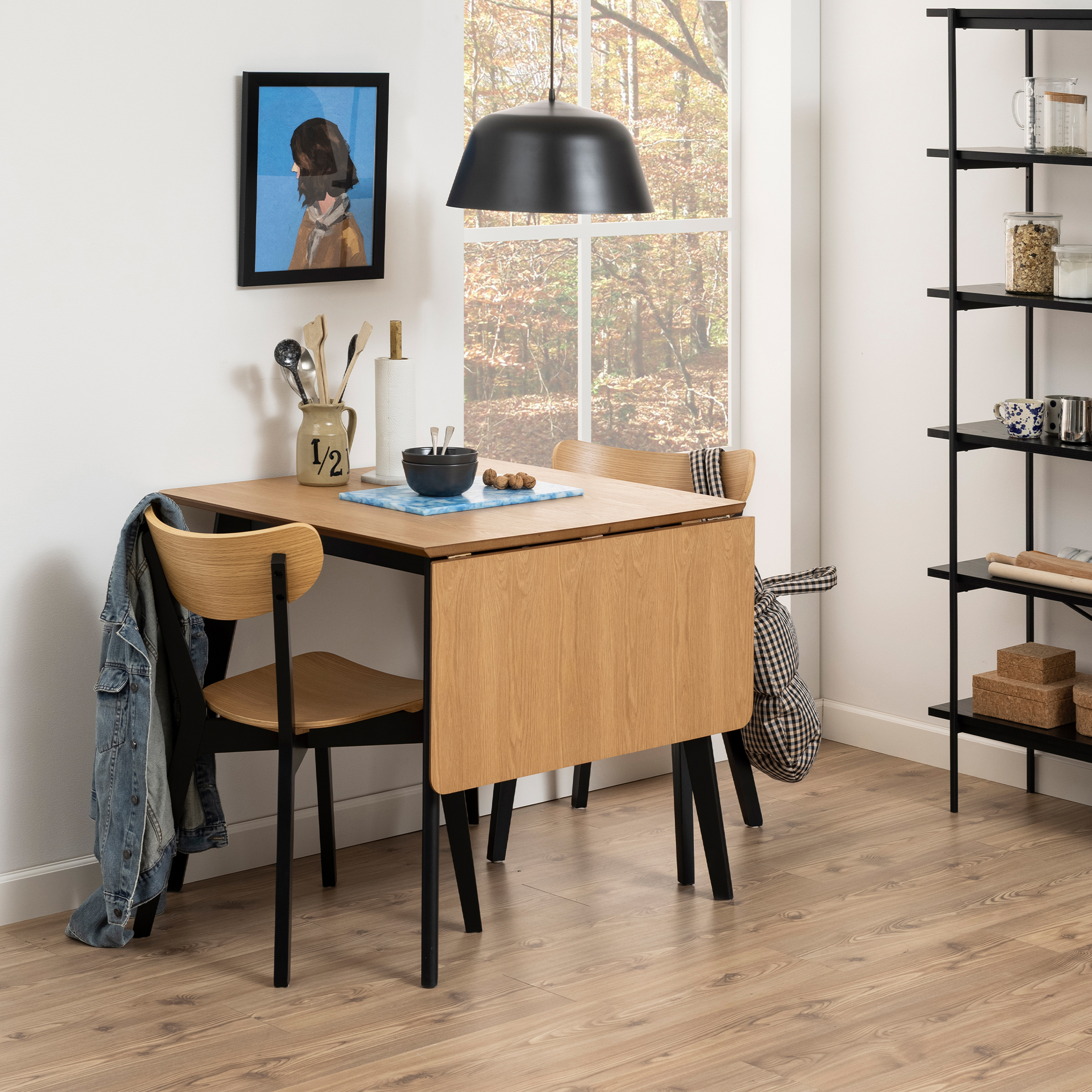 ROXEN Extending Dining Table in Oak and Black Included 2 Dining Chairs in Black and Oak - Rosalind Collection
