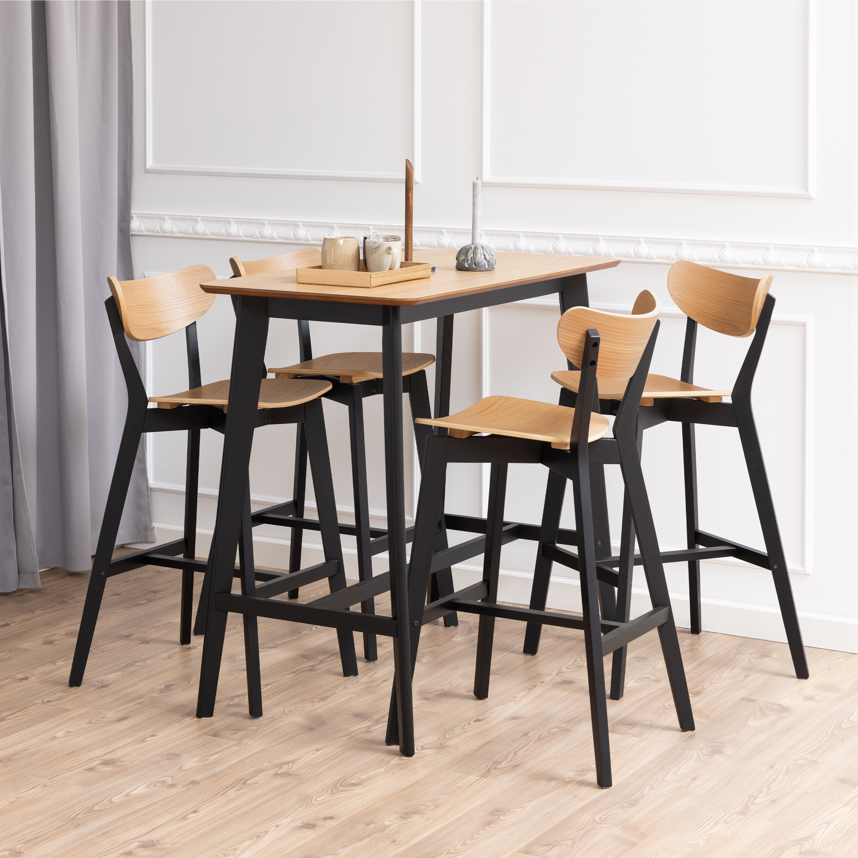 ROXEN Bar Table Included 4 Bar Stool in Black and Oak - Rosalind Collection