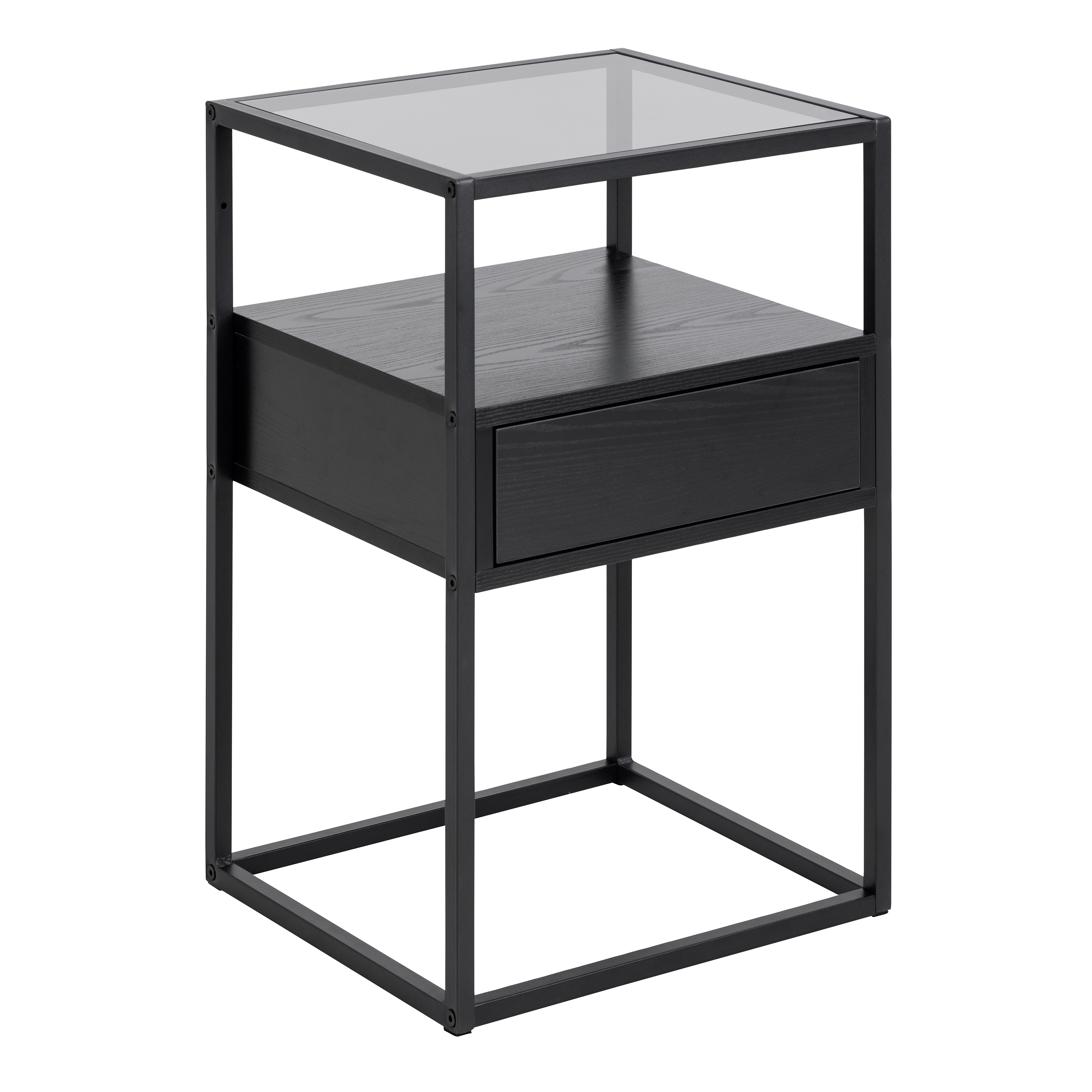 Randolf Bedside Table in Black with Smoked Glass - Rosalind Collection