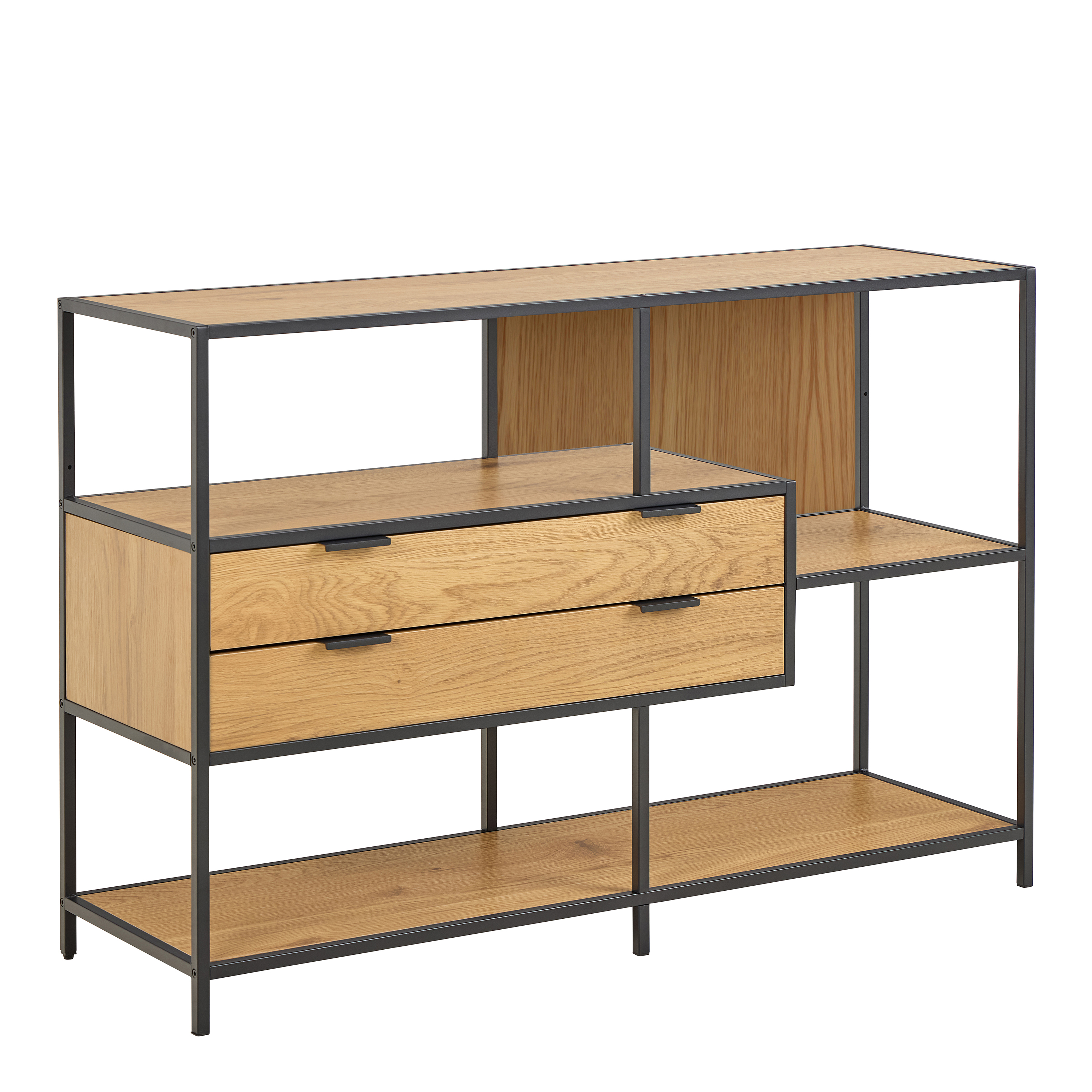 SAM Wide Oak Metal Bookcase 2 Drawers and 3 Shelves in Matt Wild Oak - Rosalind Collection