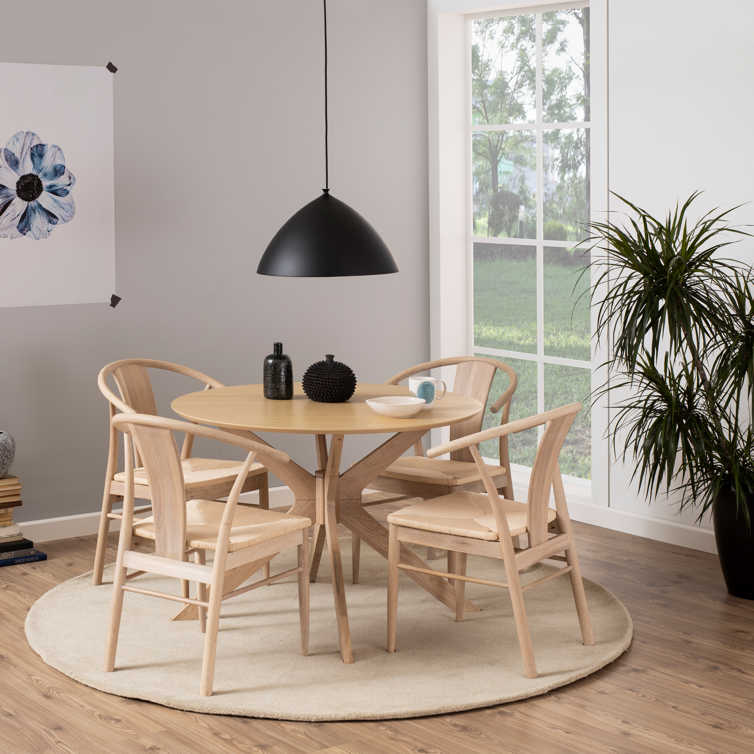 DUNZA Round Dining Table in White Oak Included 4 Dining Chair with Armrest in White Oak - Rosalind Collection
