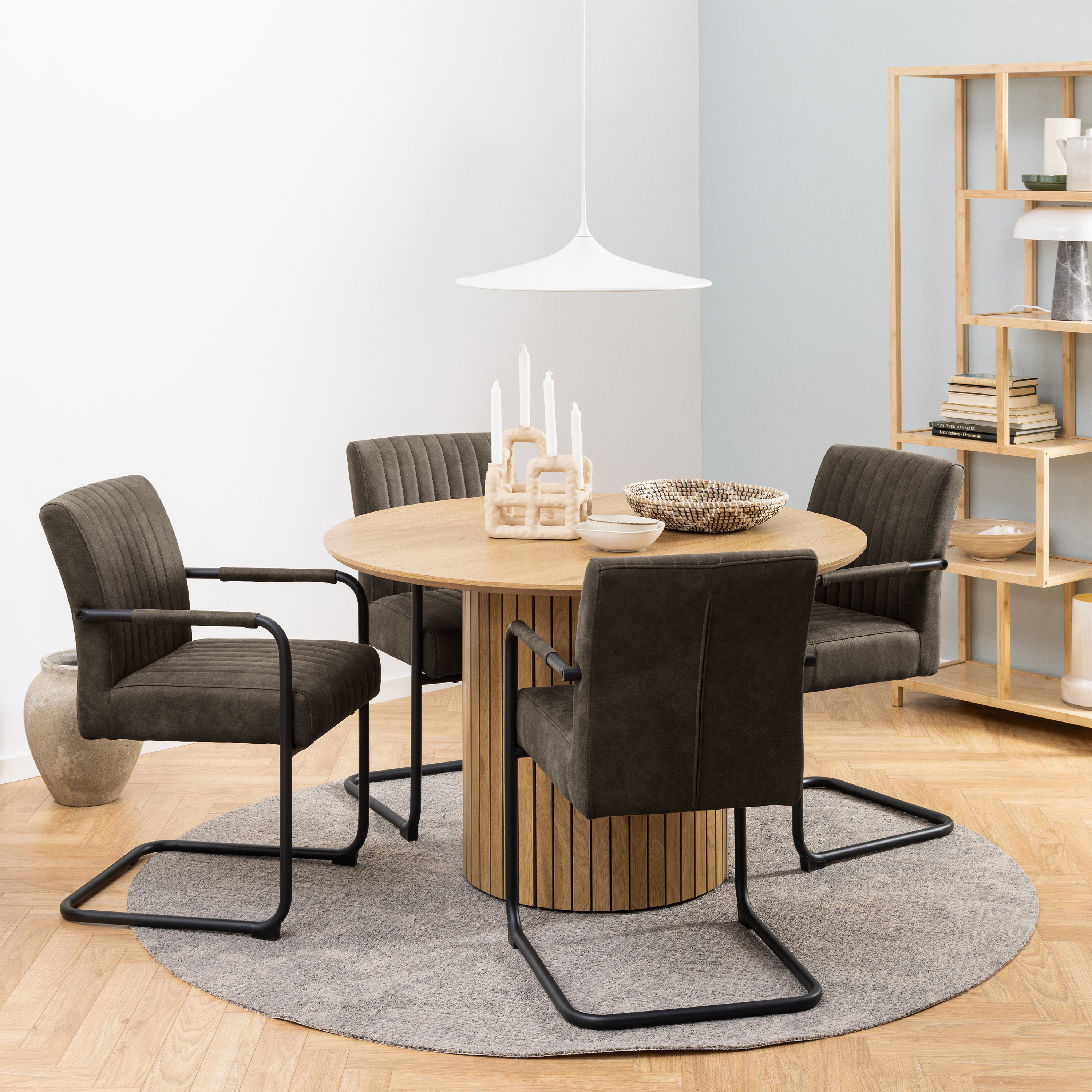 YELMA Dining Table in Oak Included 4 Dining Chair in Grey Fabric - Rosalind Collection