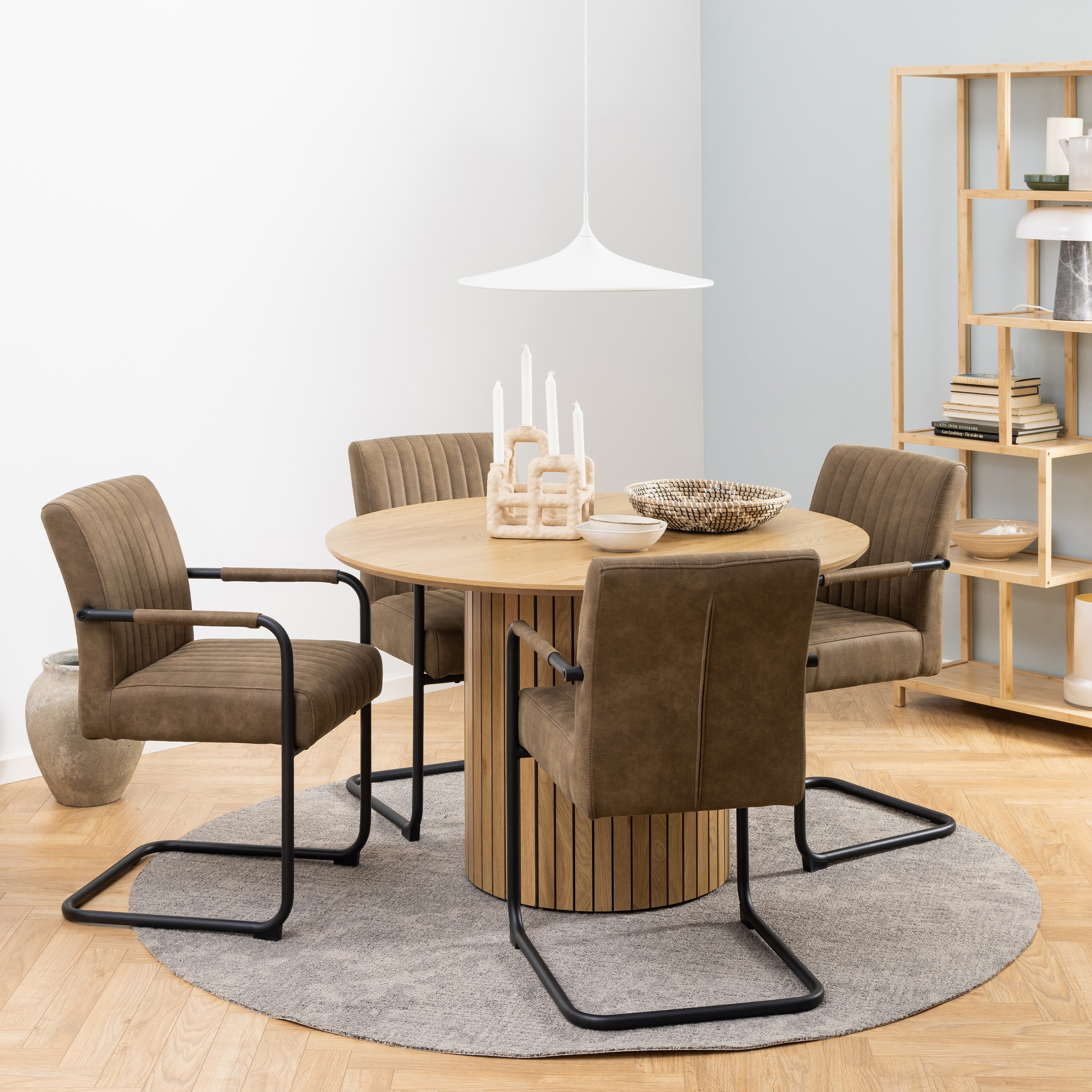YELMA Dining Table in Oak Included 4 Dining Chair in Light Brown Fabric - Rosalind Collection