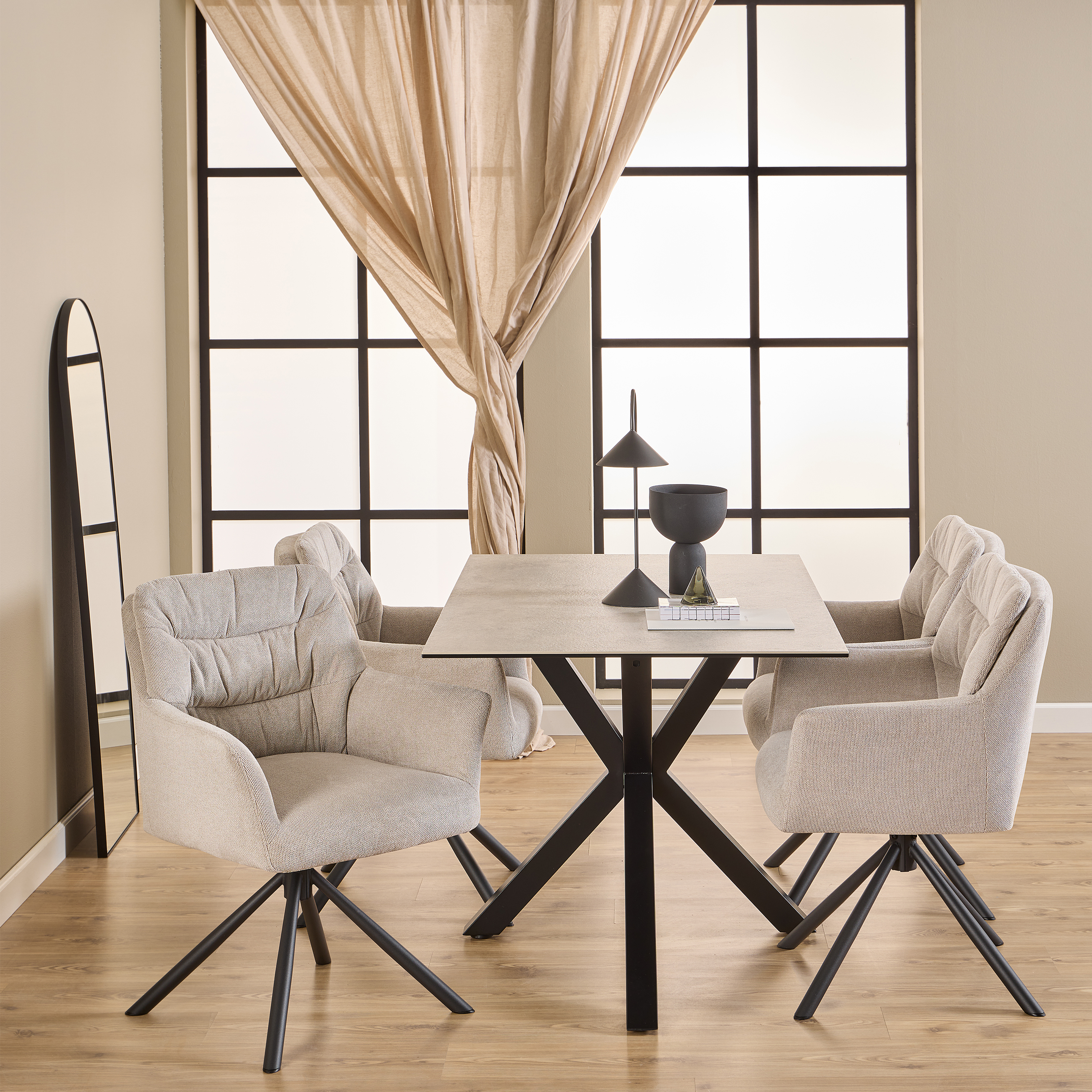 FUMES Dining Table with Ceramic White Top 135cm Included 4 Swivel Cream Dining Chair with Armrest - Rosalind Collection