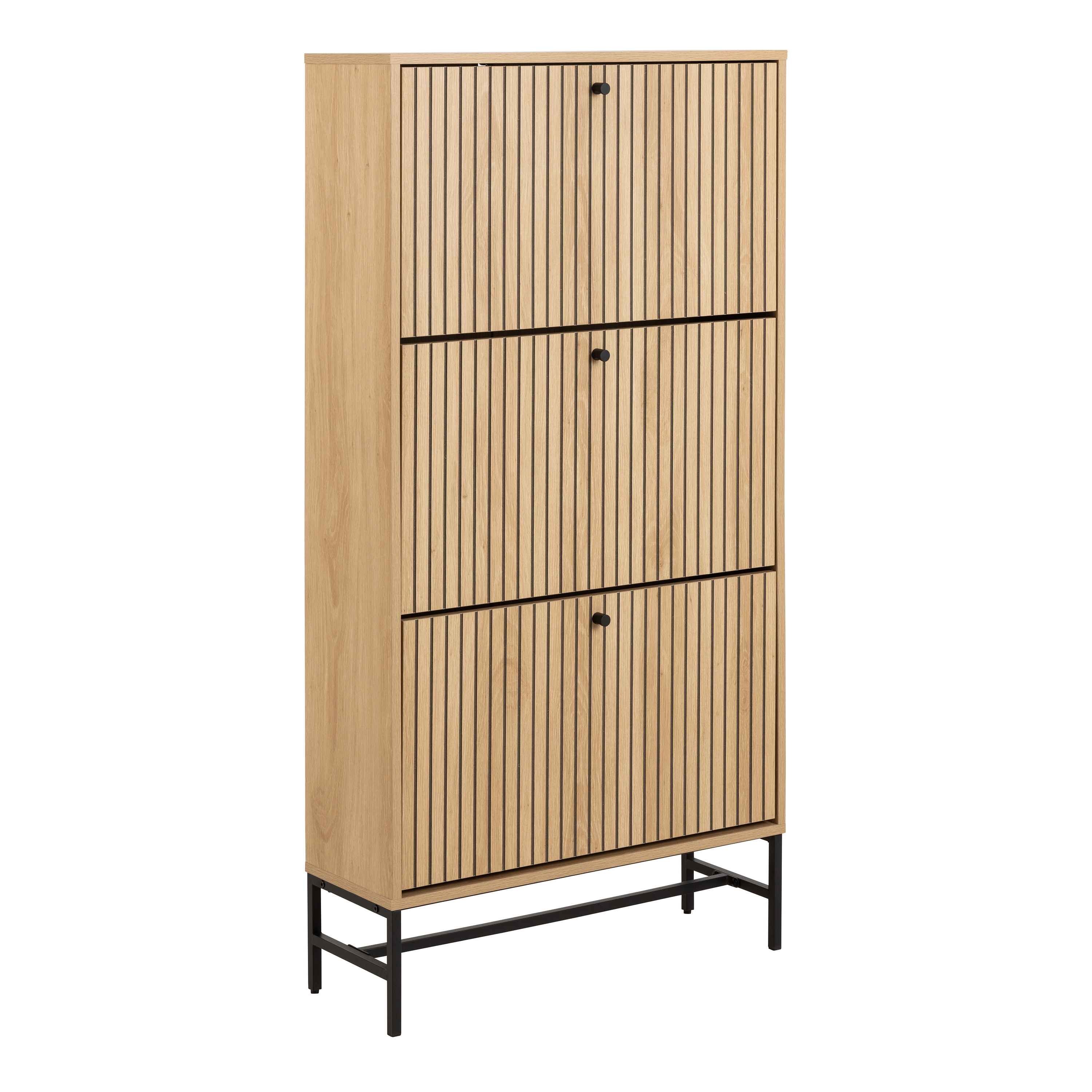 ARISTA Shoe Cabinet 3 Flip Down Doors in Oak/Black Legs - Rosalind Collection