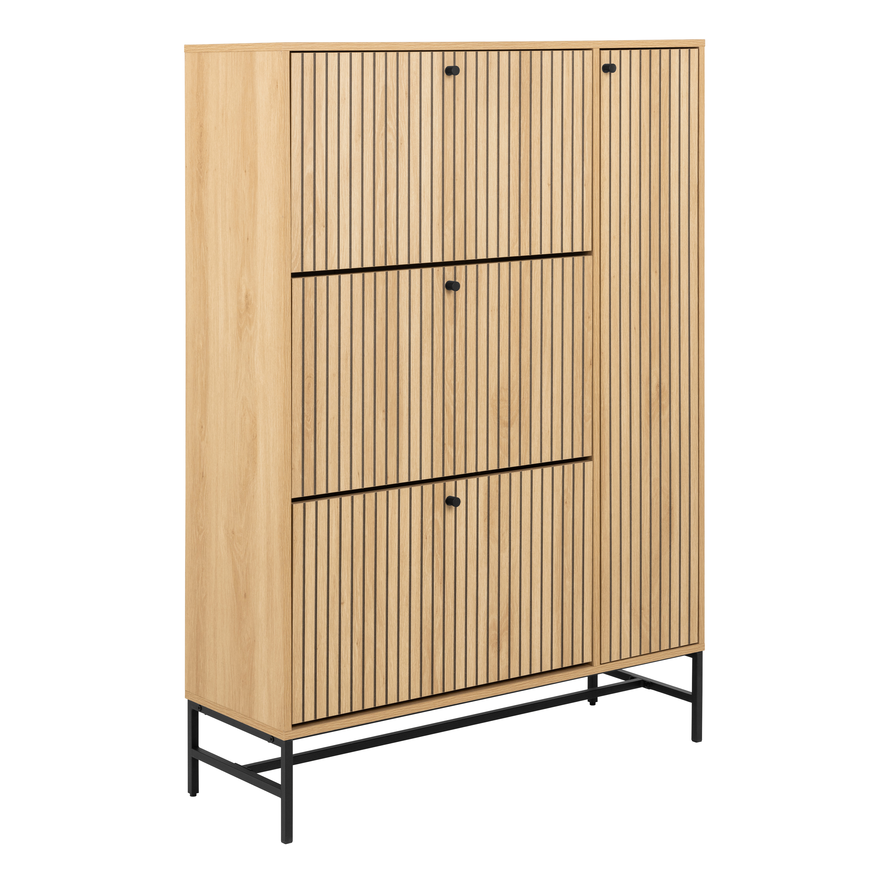 ARISTA Shoe Cabinet 3 Flip Down Doors 1 Pull Open Door in Oak/Black Legs - Rosalind Collection