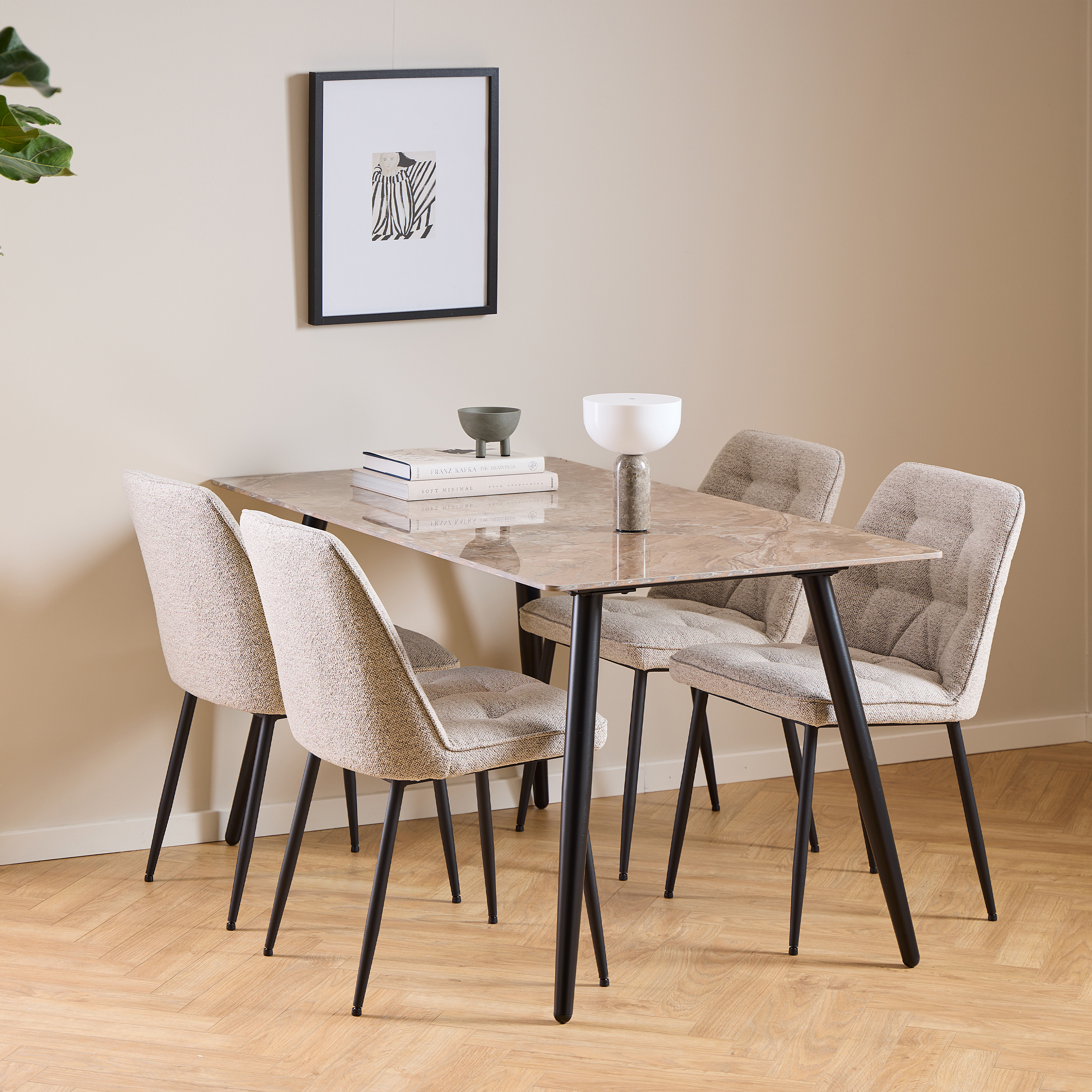 WISE Ceramic Dining Table Brown and Black Included 4 Dining Chairs in Monza Beige - Rosalind Collection